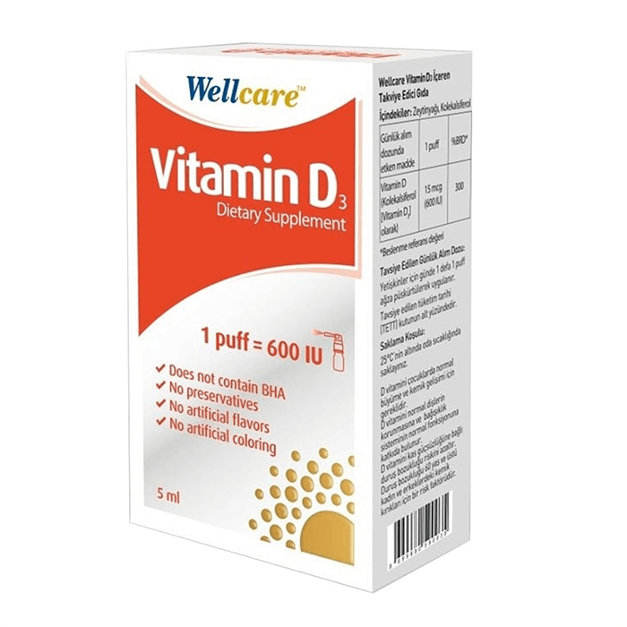 Wellcare Vitamin D3 600 IU Sprey Takviye Edici Gıda 5 ML