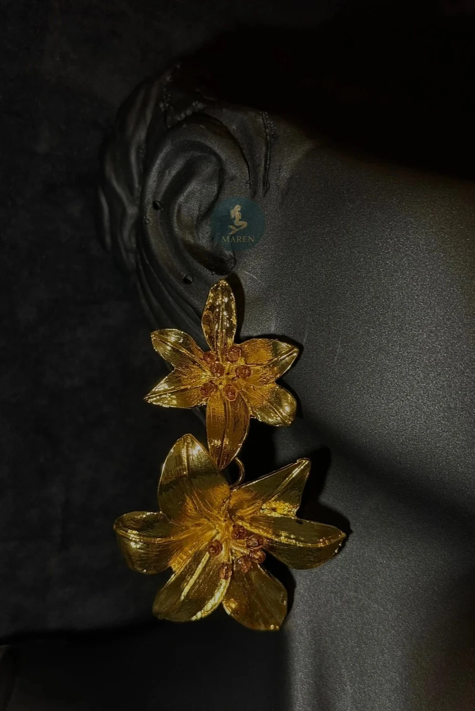 Özel Seri İkili Sarkıt Gold Çiçek Tasarım Küpe