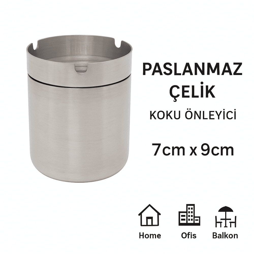Dayanıklı Paslanmaz Çelik Kapaklı Küllük 7x9 cm