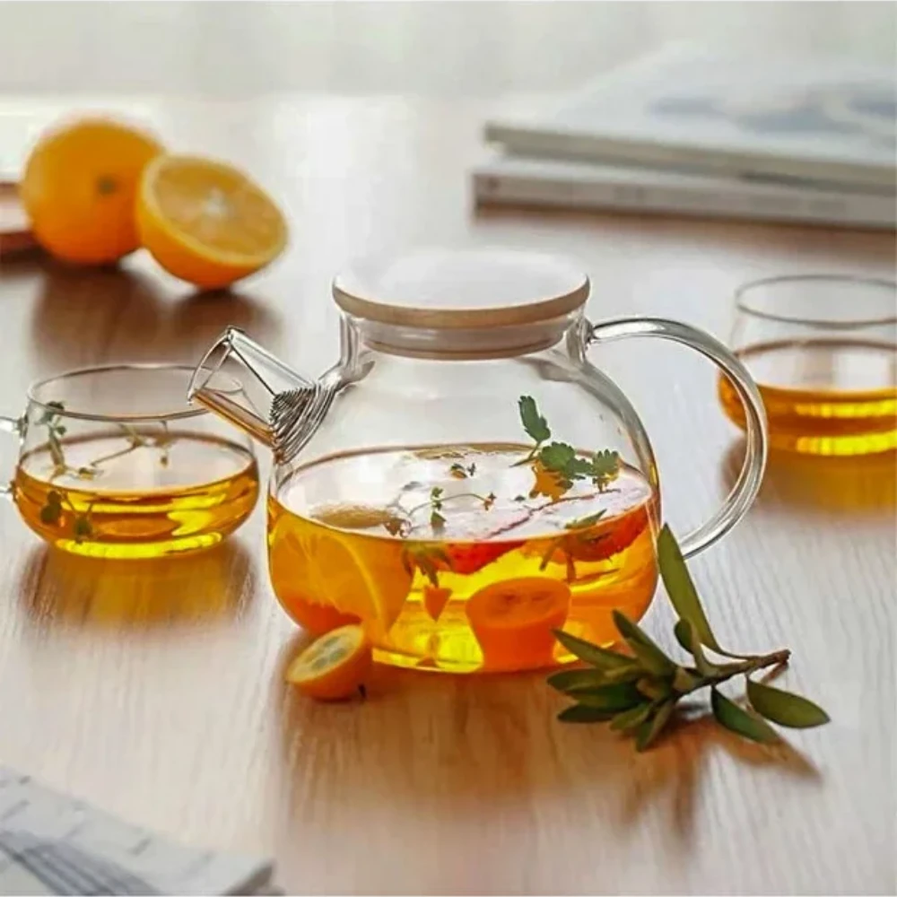 Bambu Kapaklı Borosilikat Cam Demlik 1000 ml Süzgeçli