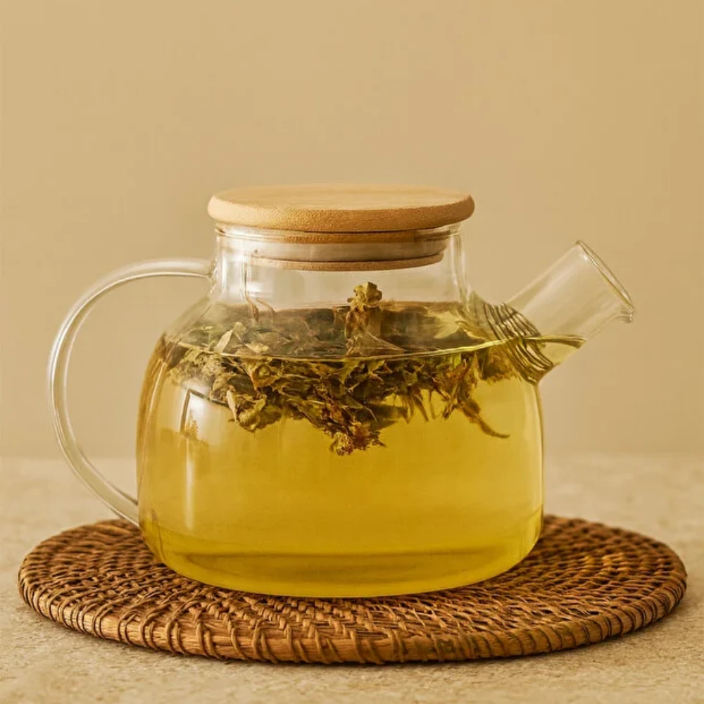 Bambu Kapaklı Borosilikat Cam Demlik 1000 ml Süzgeçli