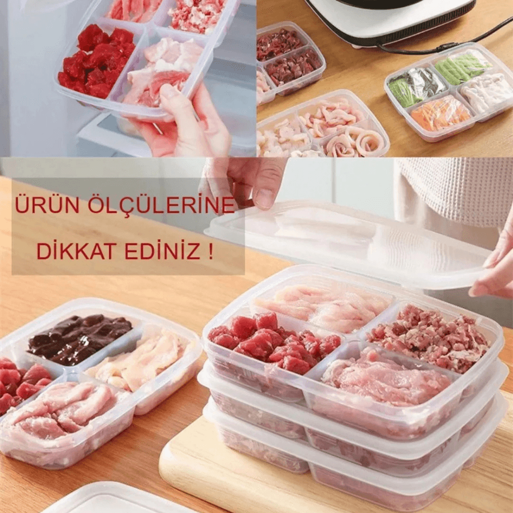 Dondurulmuş Mini 4 Bölmeli Öğünlük Et Sebze Saklama Kabı