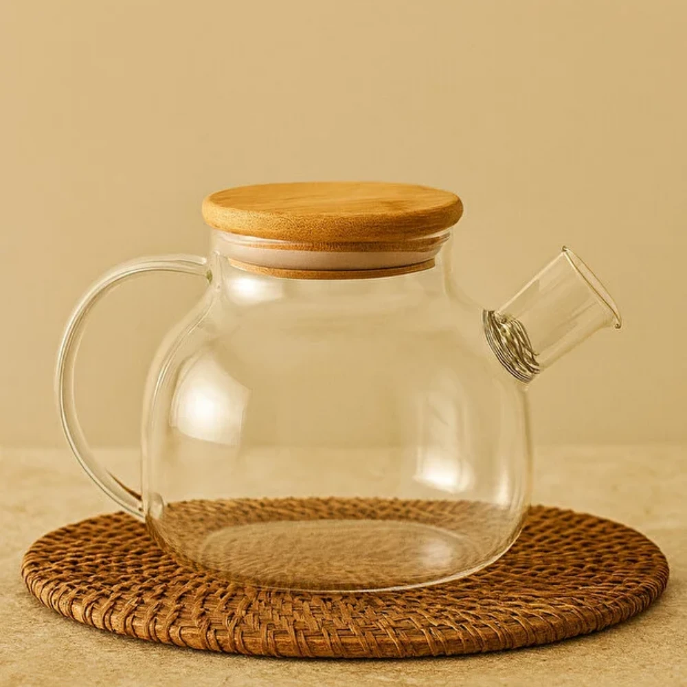 Bambu Kapaklı Borosilikat Cam Demlik 1000 ml Süzgeçli