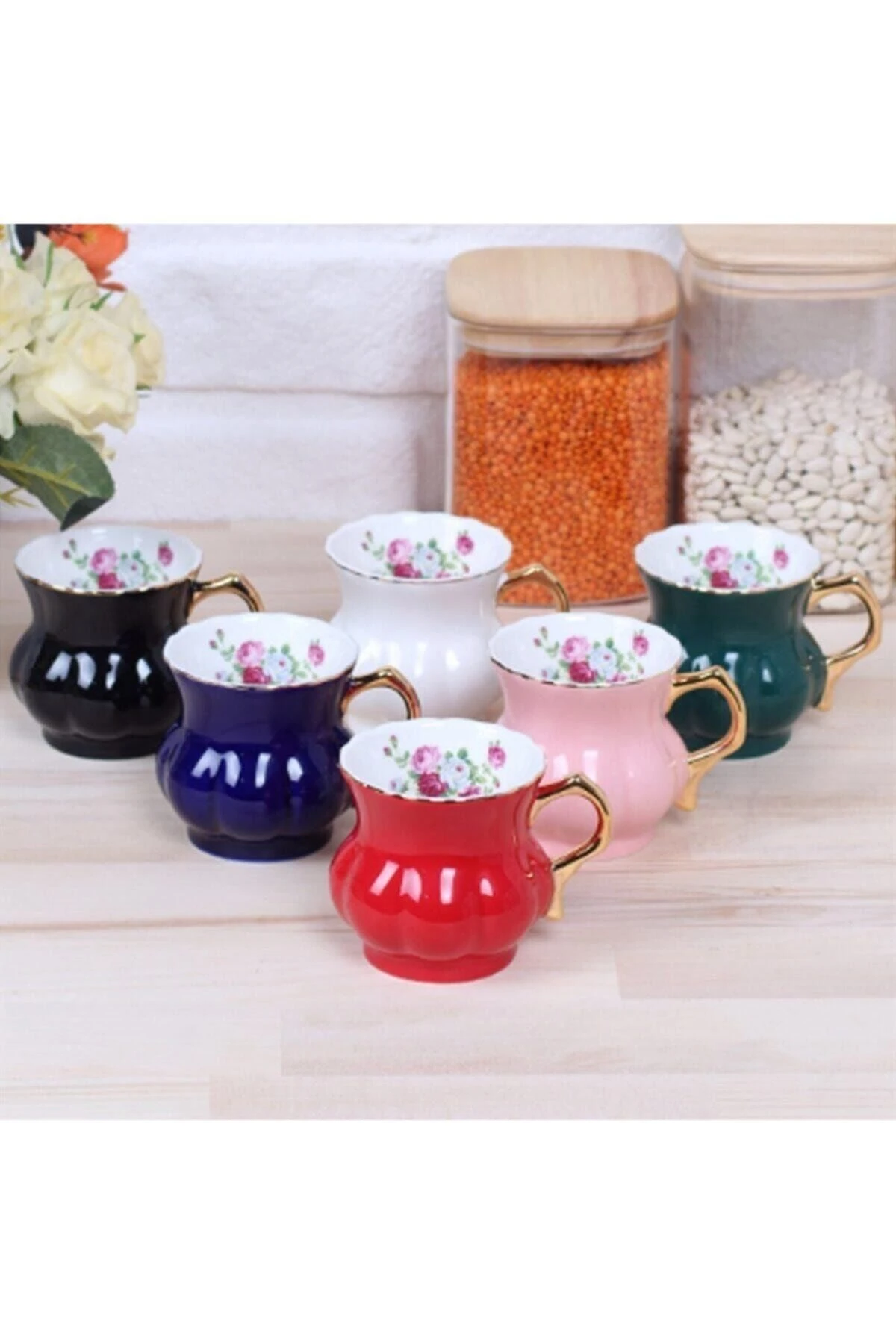 Porselen Ayran Kupa Seti 6’lı Renkli Fincan Seti