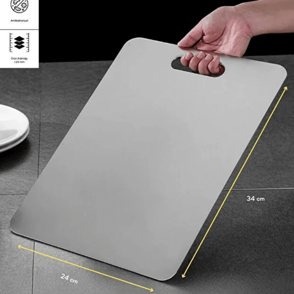 Paslanmaz Çelik Kesme Tahtası 24x34 cm – Küf ve Koku Önleyici Mutfak Tahtası