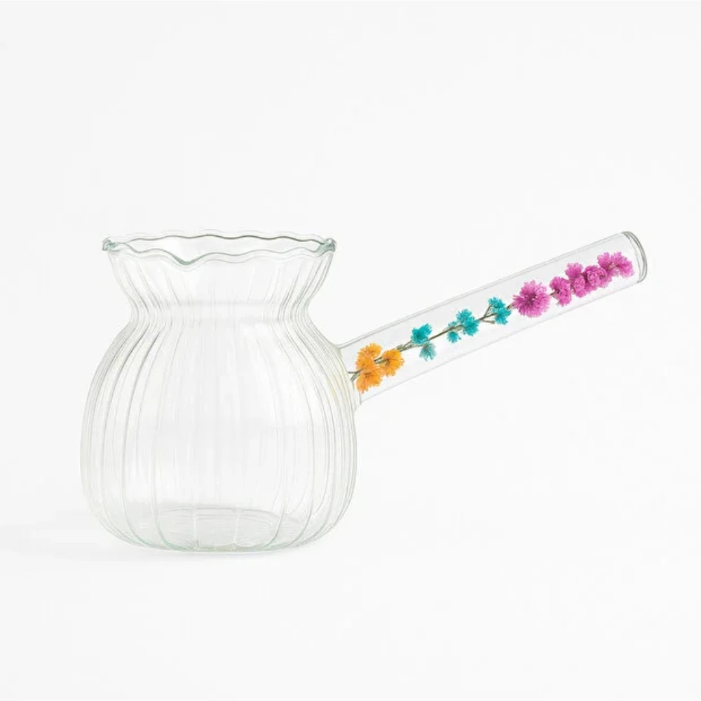 Çiçekli Sap Cam Cezve 400 ML, Isıya Dayanıklı, Çeyizlik Şeritli Model