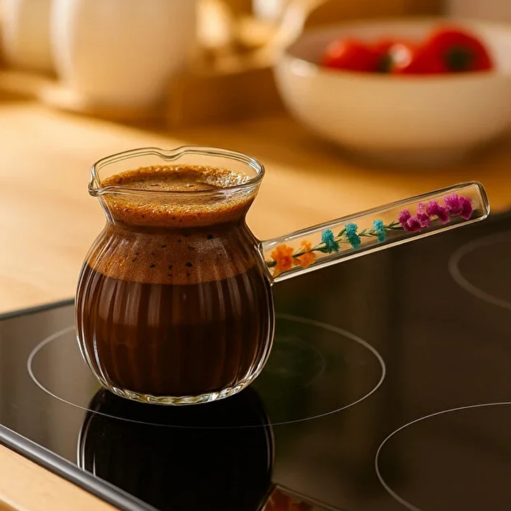 Çiçekli Sap Cam Cezve 400 ML, Isıya Dayanıklı, Çeyizlik Şeritli Model