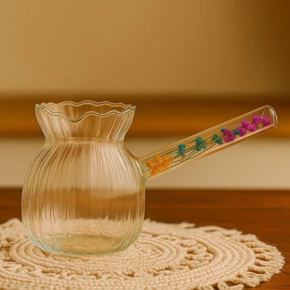 Çiçekli Sap Cam Cezve 400 ML, Isıya Dayanıklı, Çeyizlik Şeritli Model