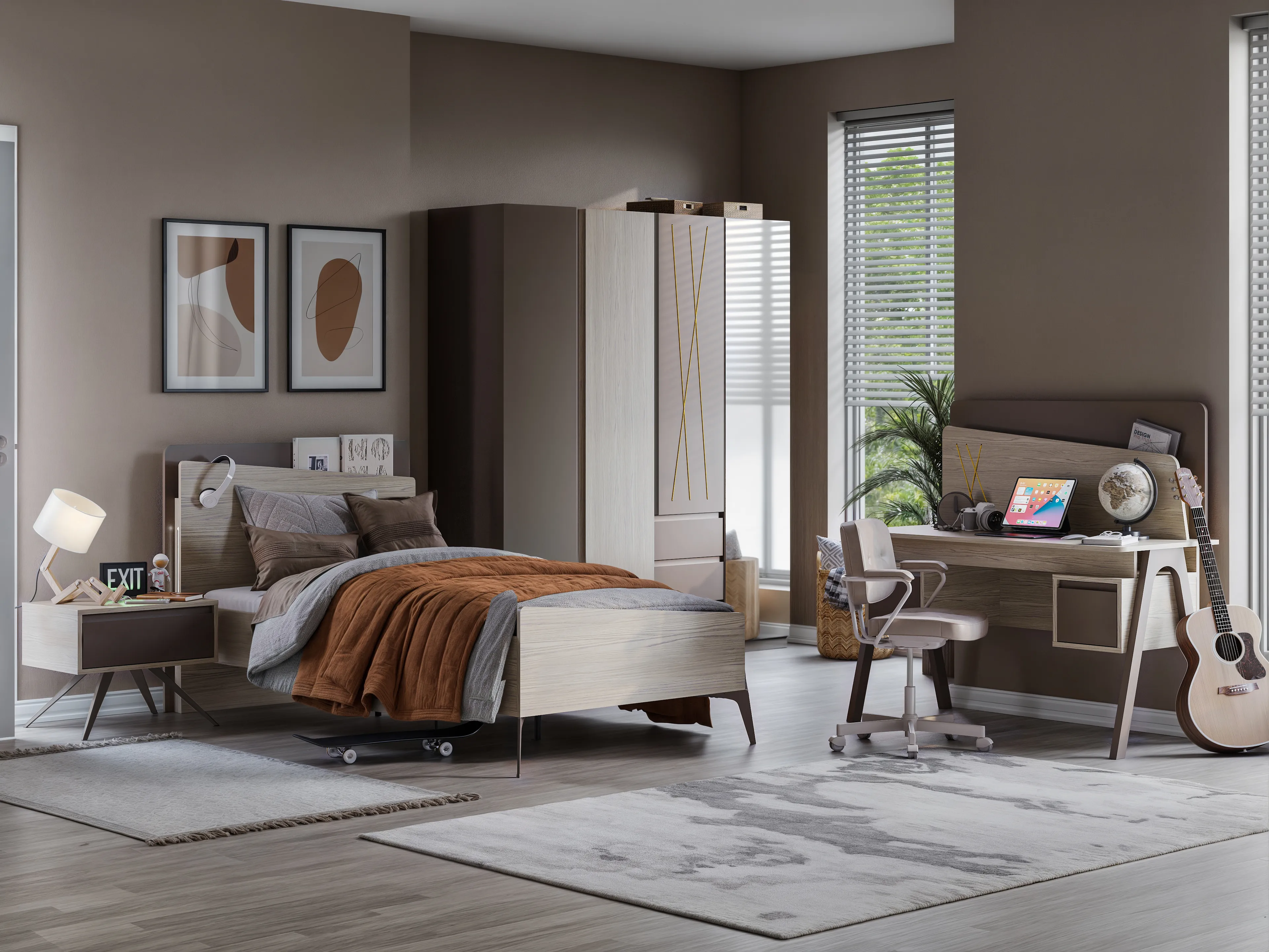 Bologno Genç Odası - 3'lü - Ahşap Kahverengi - Piyano Genç Odası