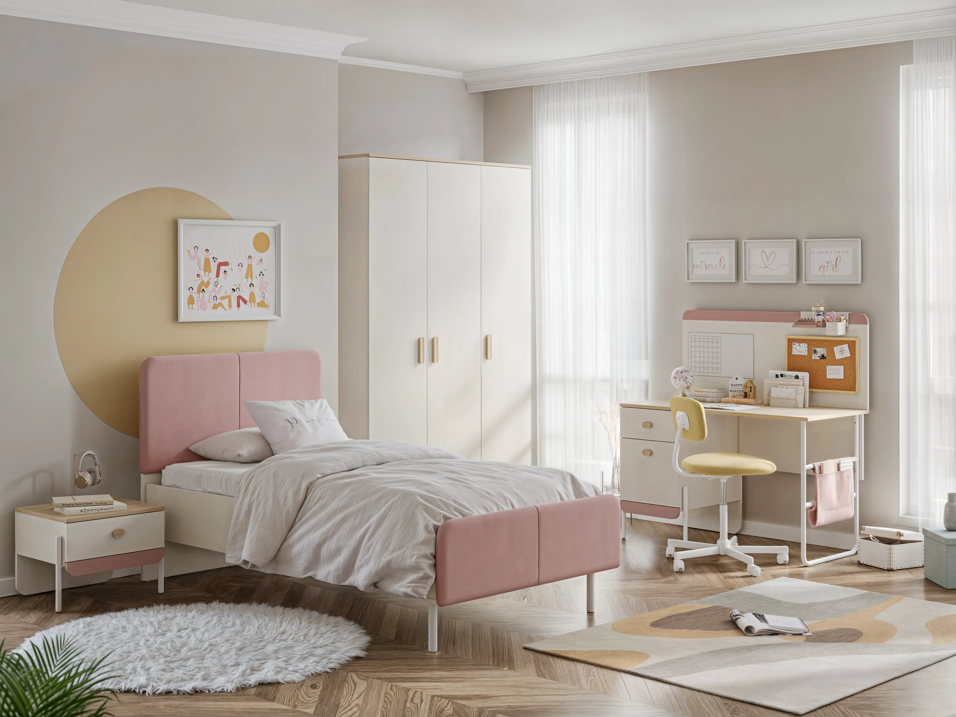 Bien 3'lü Genç Odası - Krem Pembe - Piyano Genç Odası