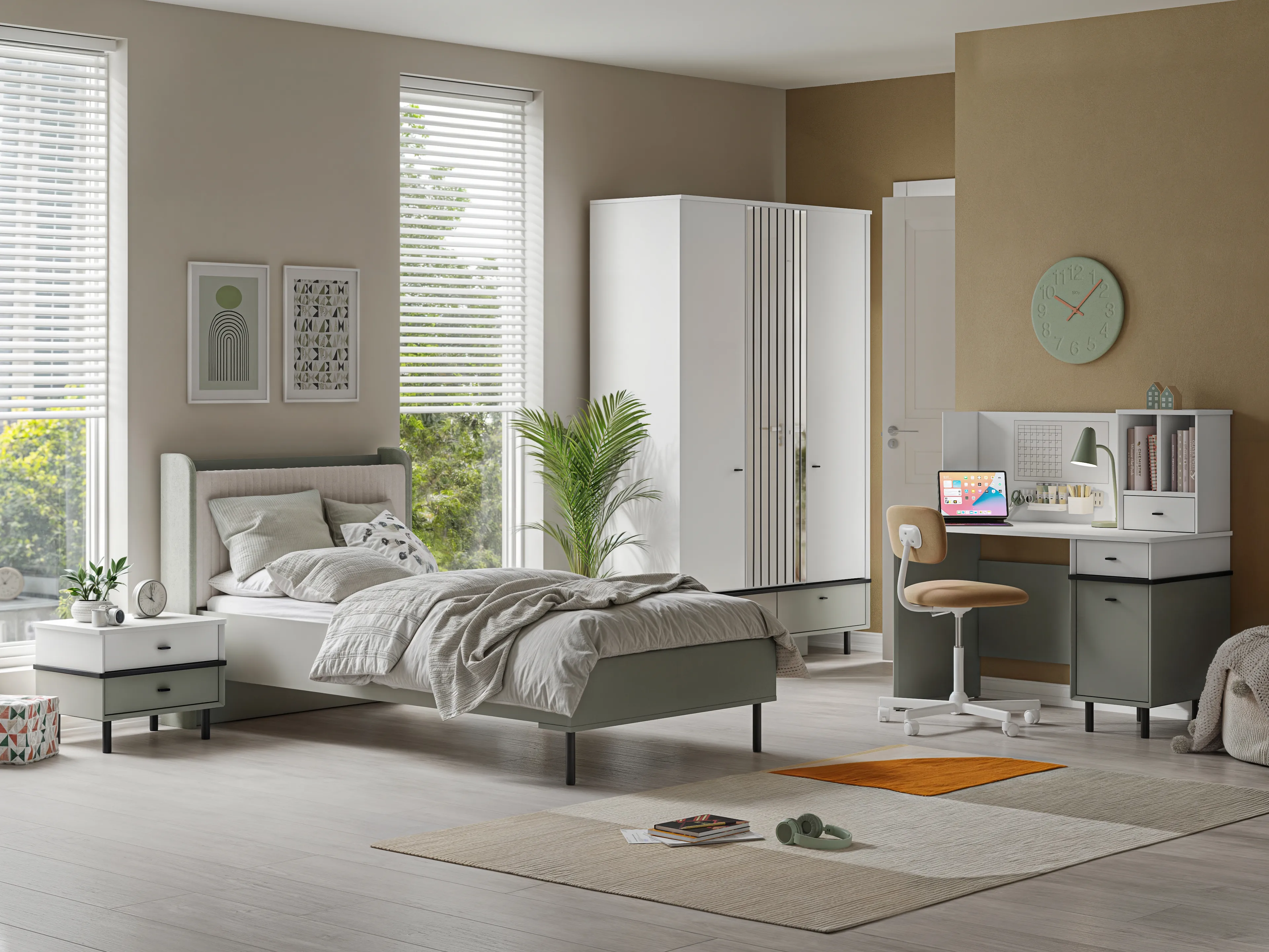 Petra Genç Odası - 3'lü Takım - Beyaz Antrasit - Piyano Genç Odası