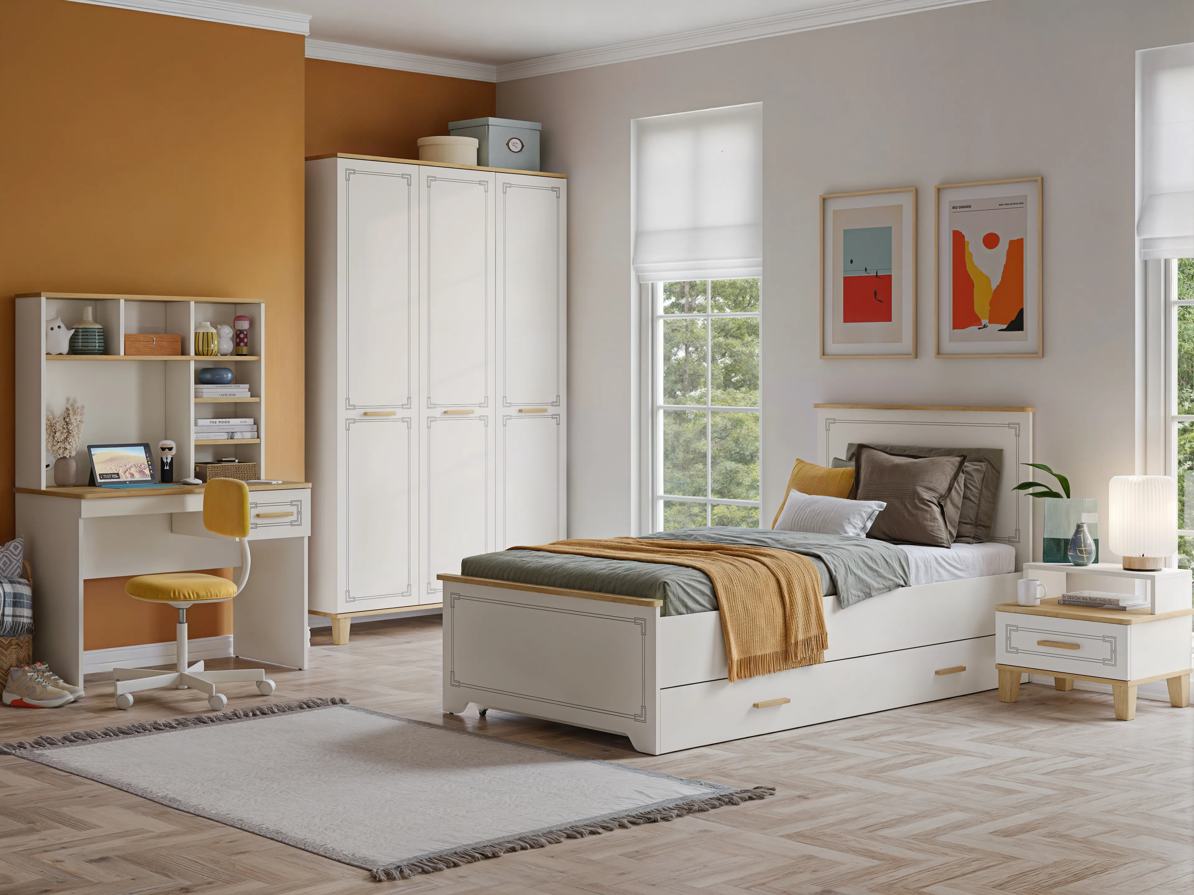 Line Genç Odası 3'lü Takım - Ahşap Krem - Piyano Genç Odası