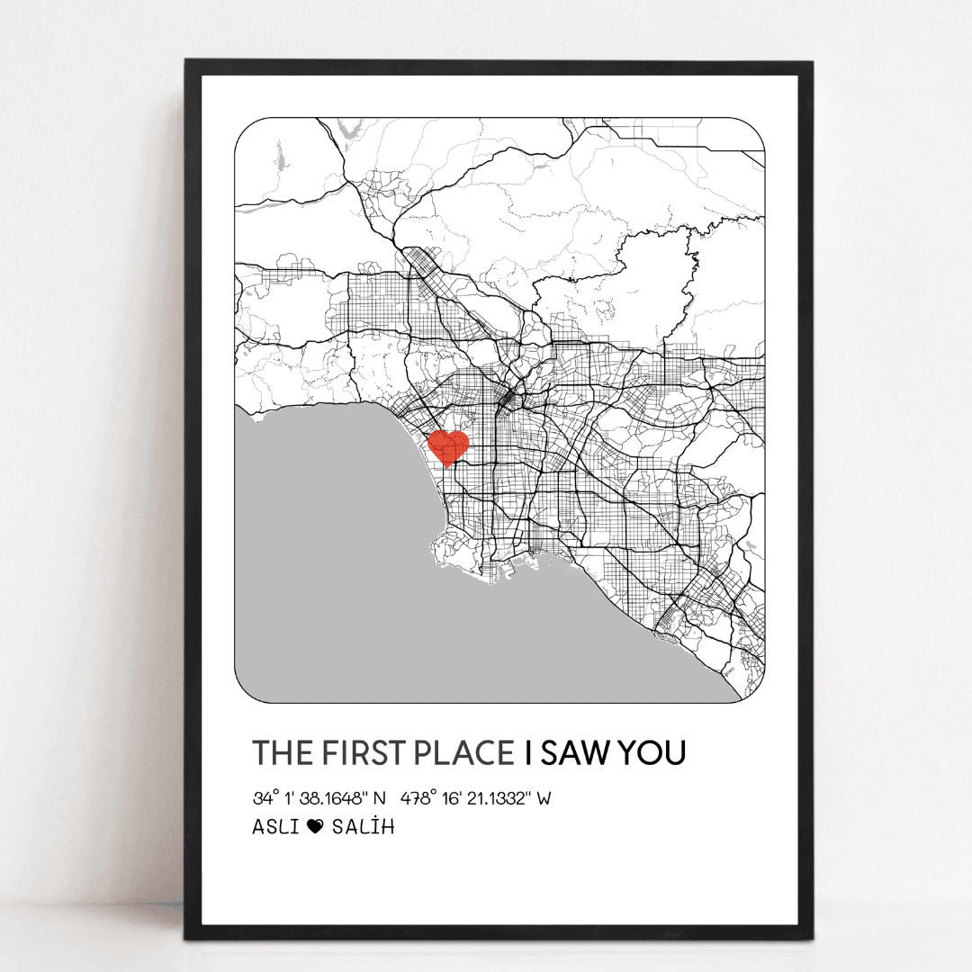 Özel İlk Buluşma Haritası - The First Place I Saw You, Yıl Dönümü Hediyesi, İlk Buluşmamız, Sevgililer Günü Hediyesi, Kişiye Özel Hediye - A4 (21,0 ‌x 29,7 cm)