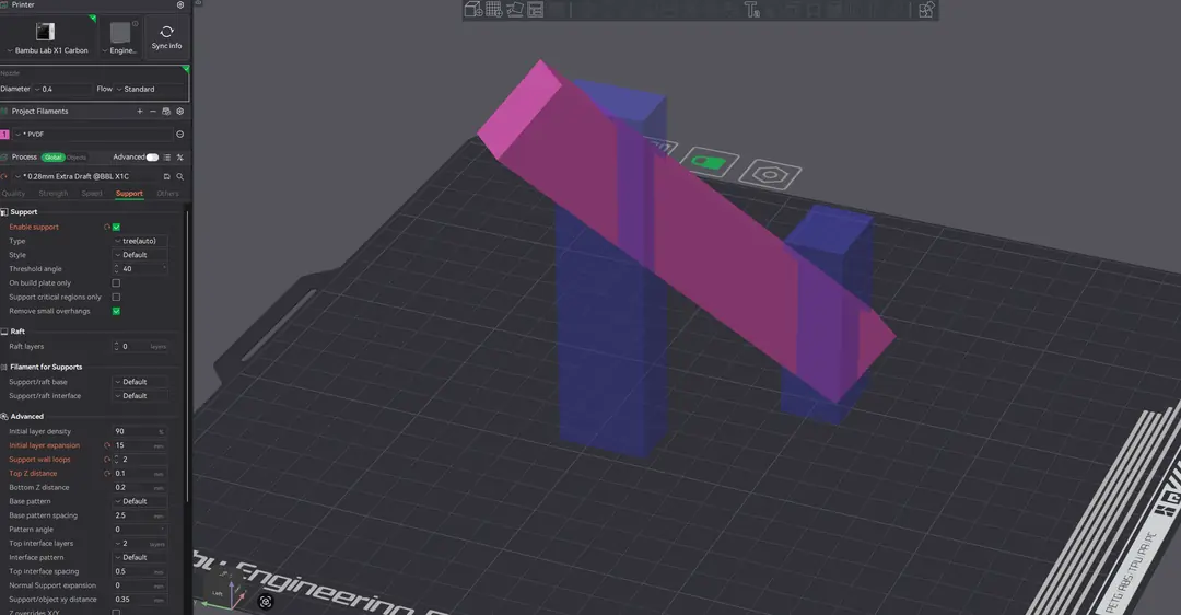 Figure 1. Slicer preview showing part orientation at 45 degrees with tree supports and expanded base structures. Bambu Studio, Bambu Lab X1 Carbon profile.