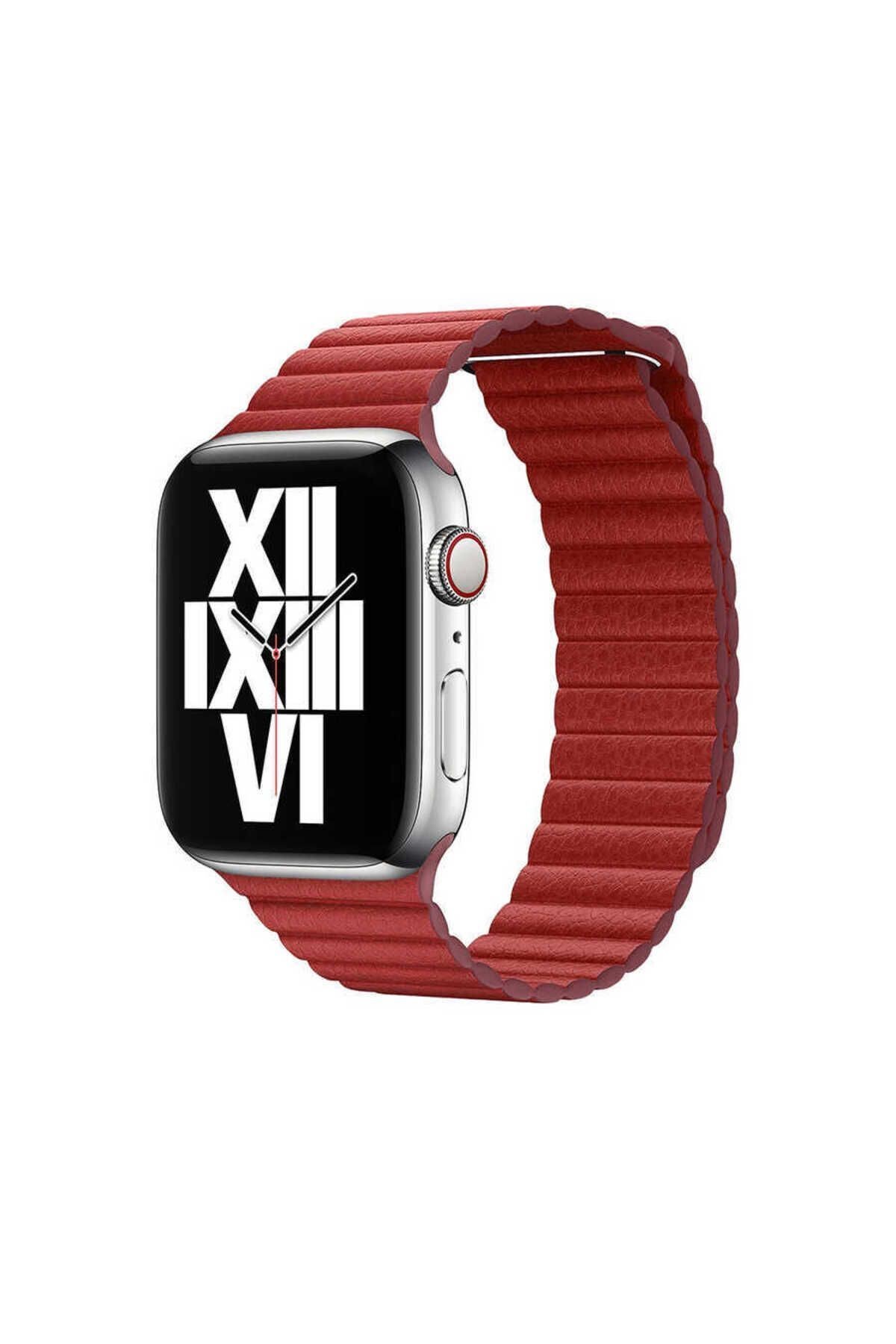 Watch 44mm Uyumlu KRD-09 Deri Lop Zore Kordon Kırmızı