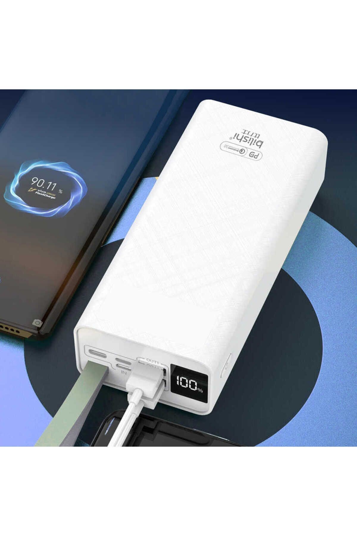 B-30 Askılı Led Göstergeli Taşınabilir Powerbank 30000 mAh-Beyaz