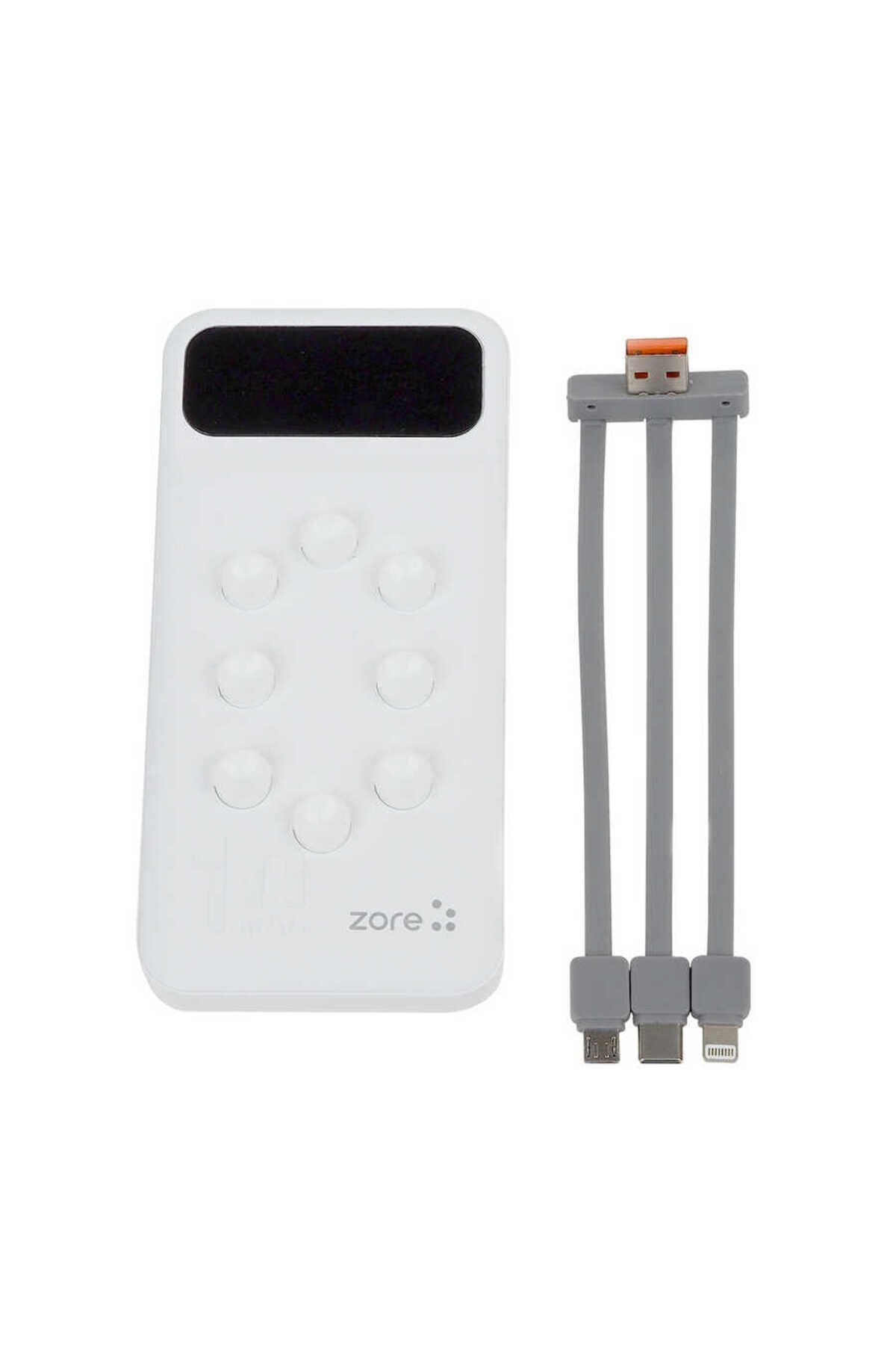 Zore ZR-PW02 Type-C - Micro - Lightning Led Göstergeli Taşınabilir Powerbank 10000 mAh-Beyaz