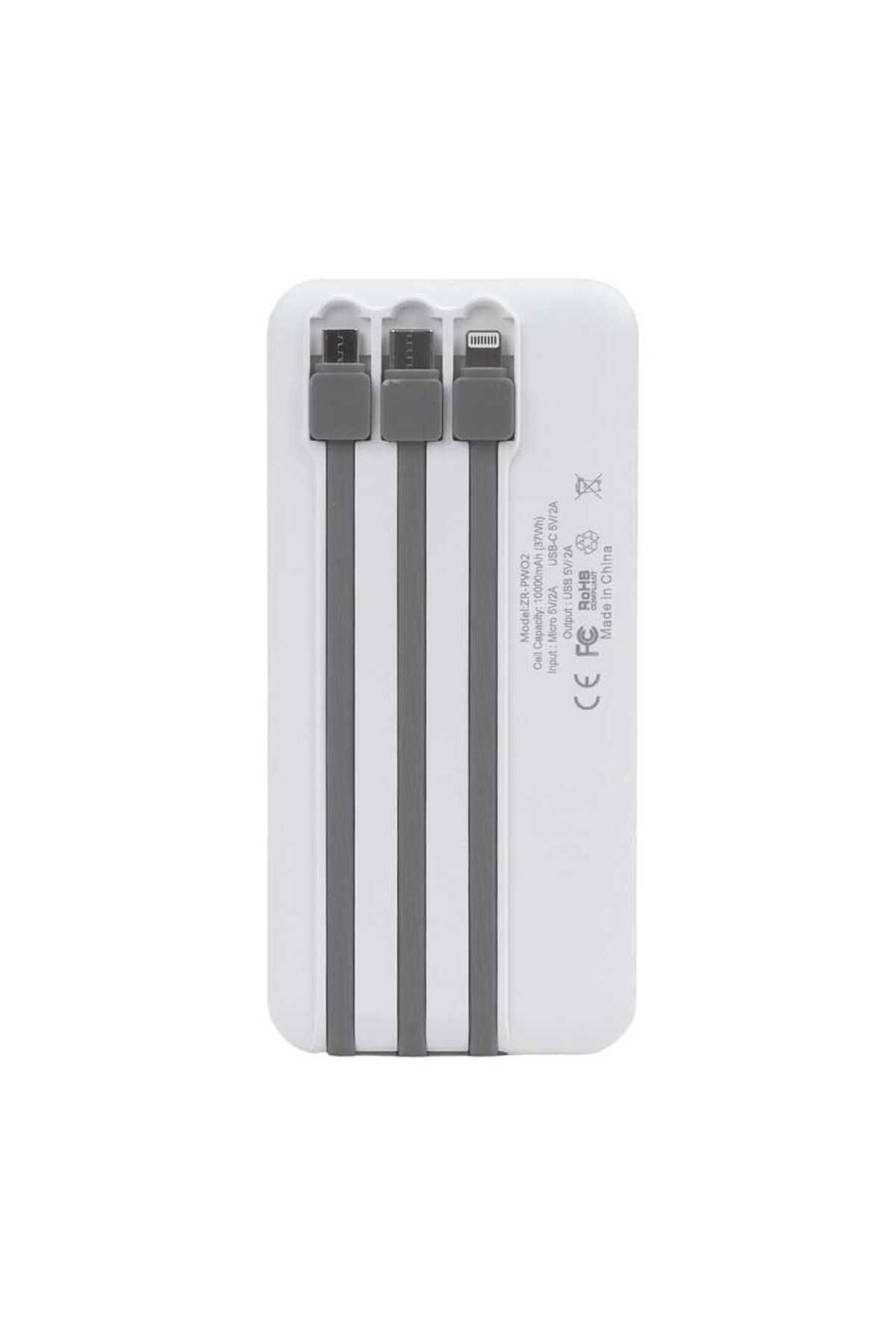 Zore ZR-PW02 Type-C - Micro - Lightning Led Göstergeli Taşınabilir Powerbank 10000 mAh-Beyaz