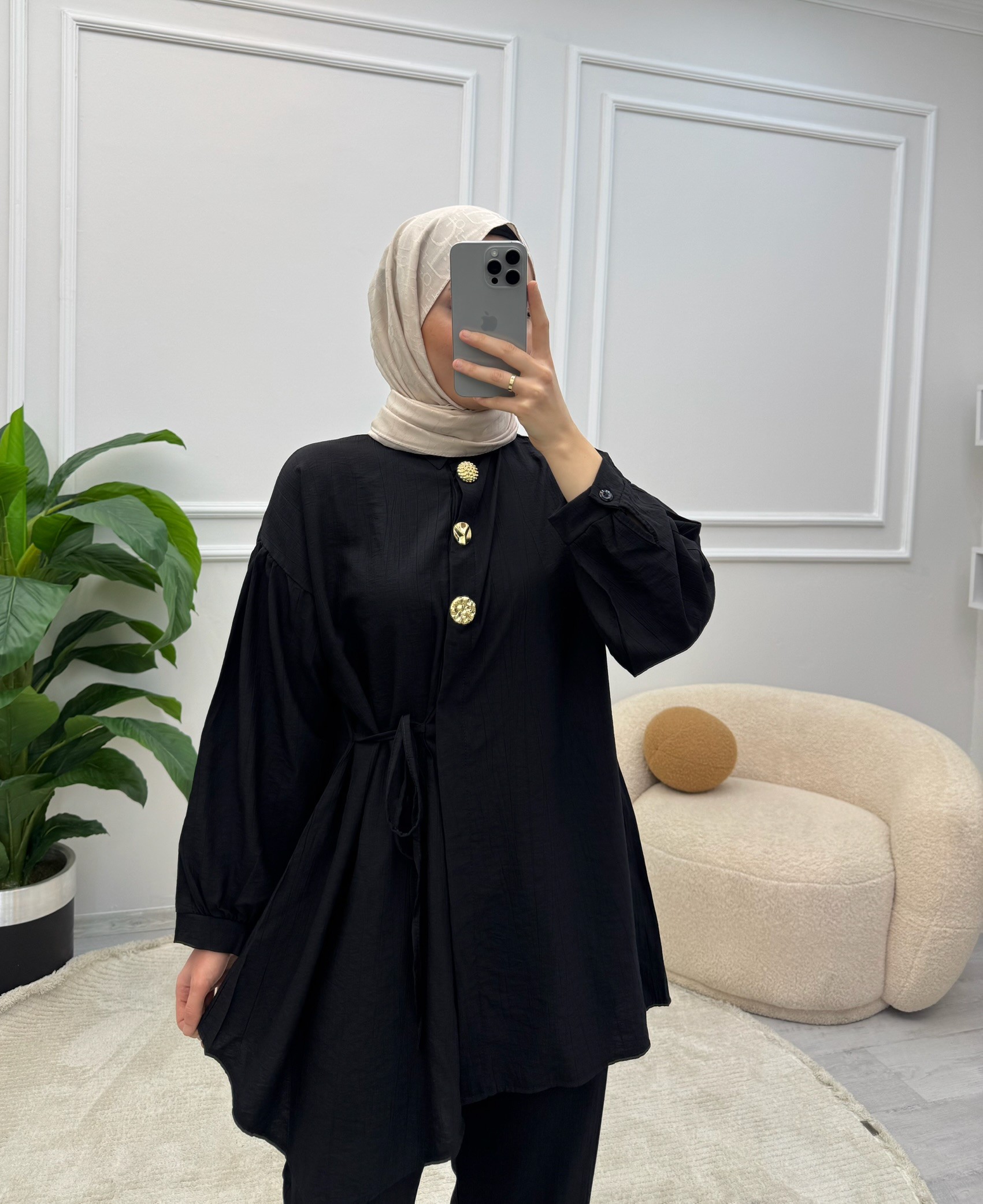Mery Düğme Detaylı Takım - Siyah