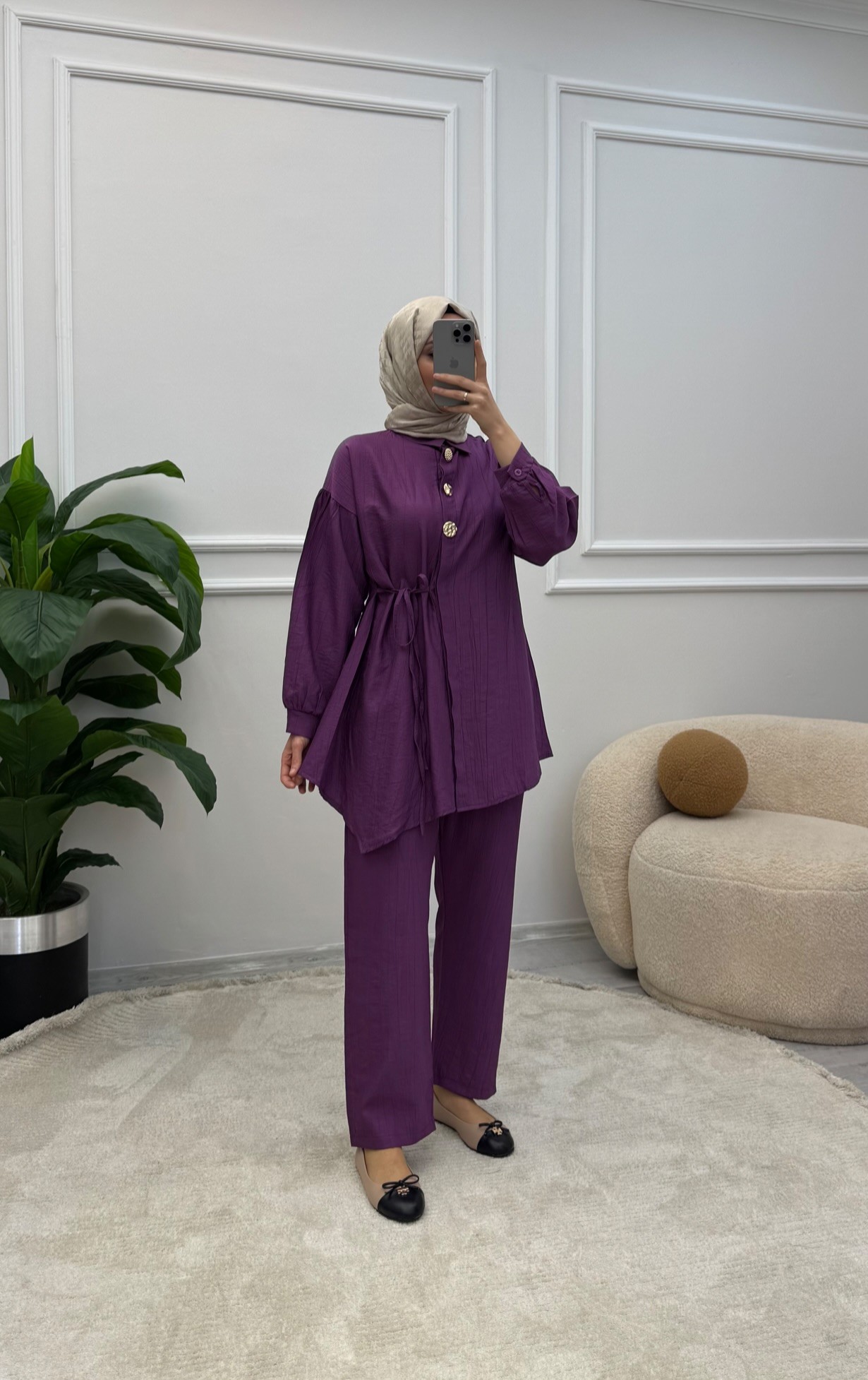 Mery Düğme Detaylı Takım - Mürdüm