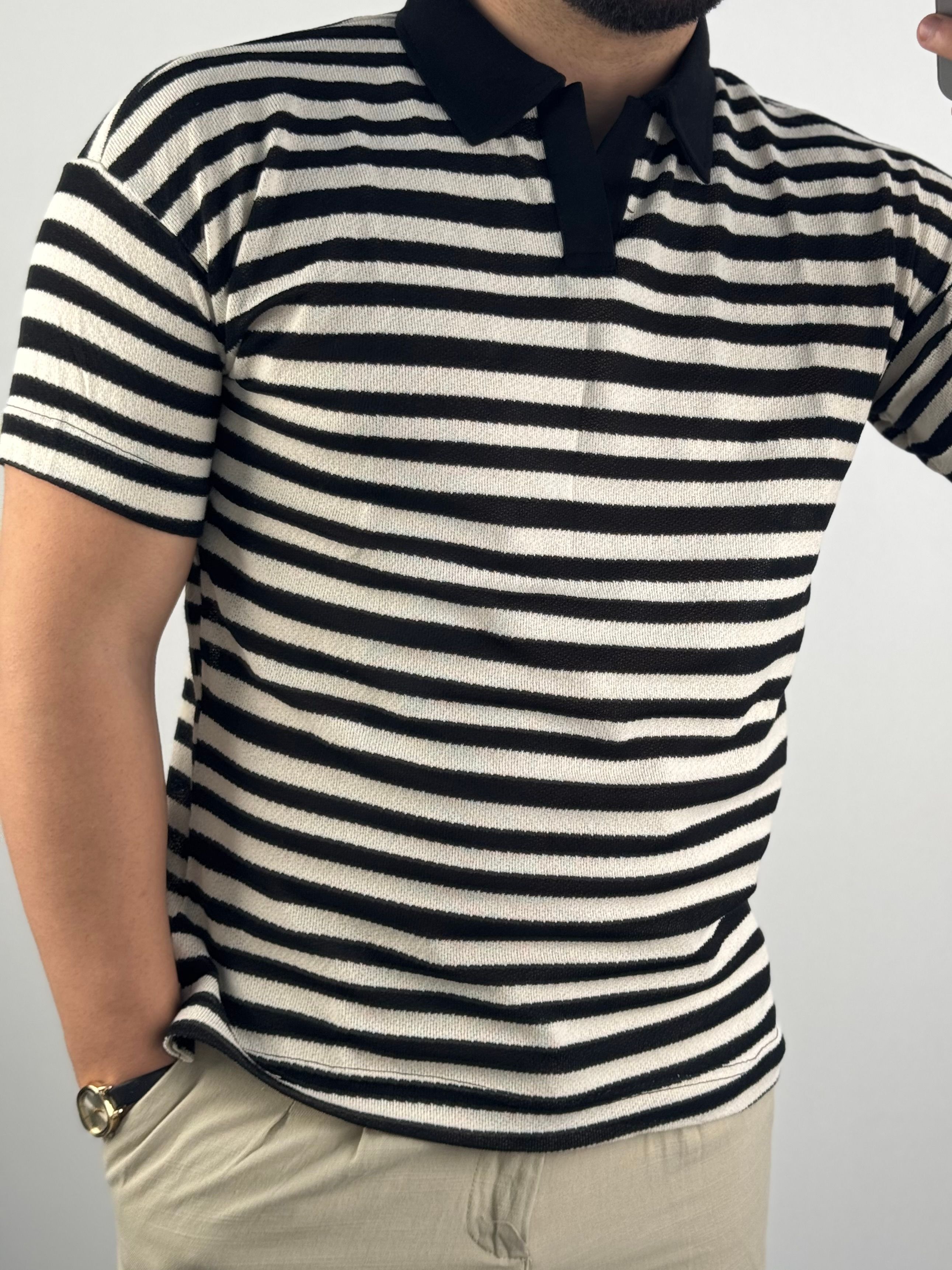 Polo Yaka Yatay Çizgili T-Shirt