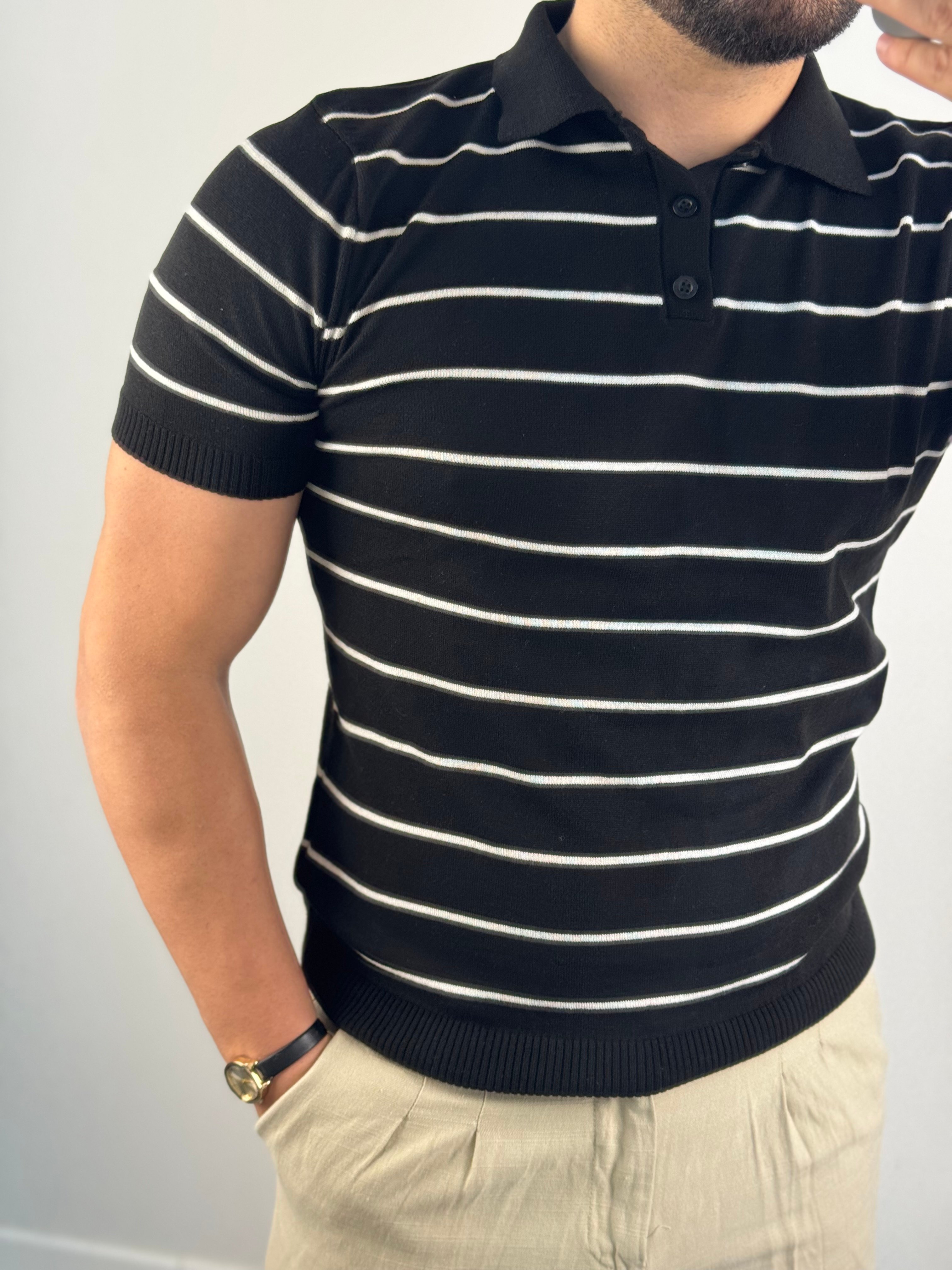Polo Yaka Yatay Çizgili T-Shirt