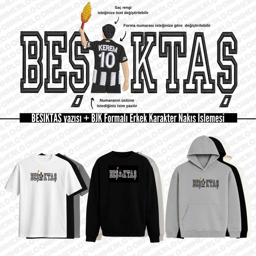 BJK Yazısı + Formalı Erkek Karakter Nakış İşlemesi