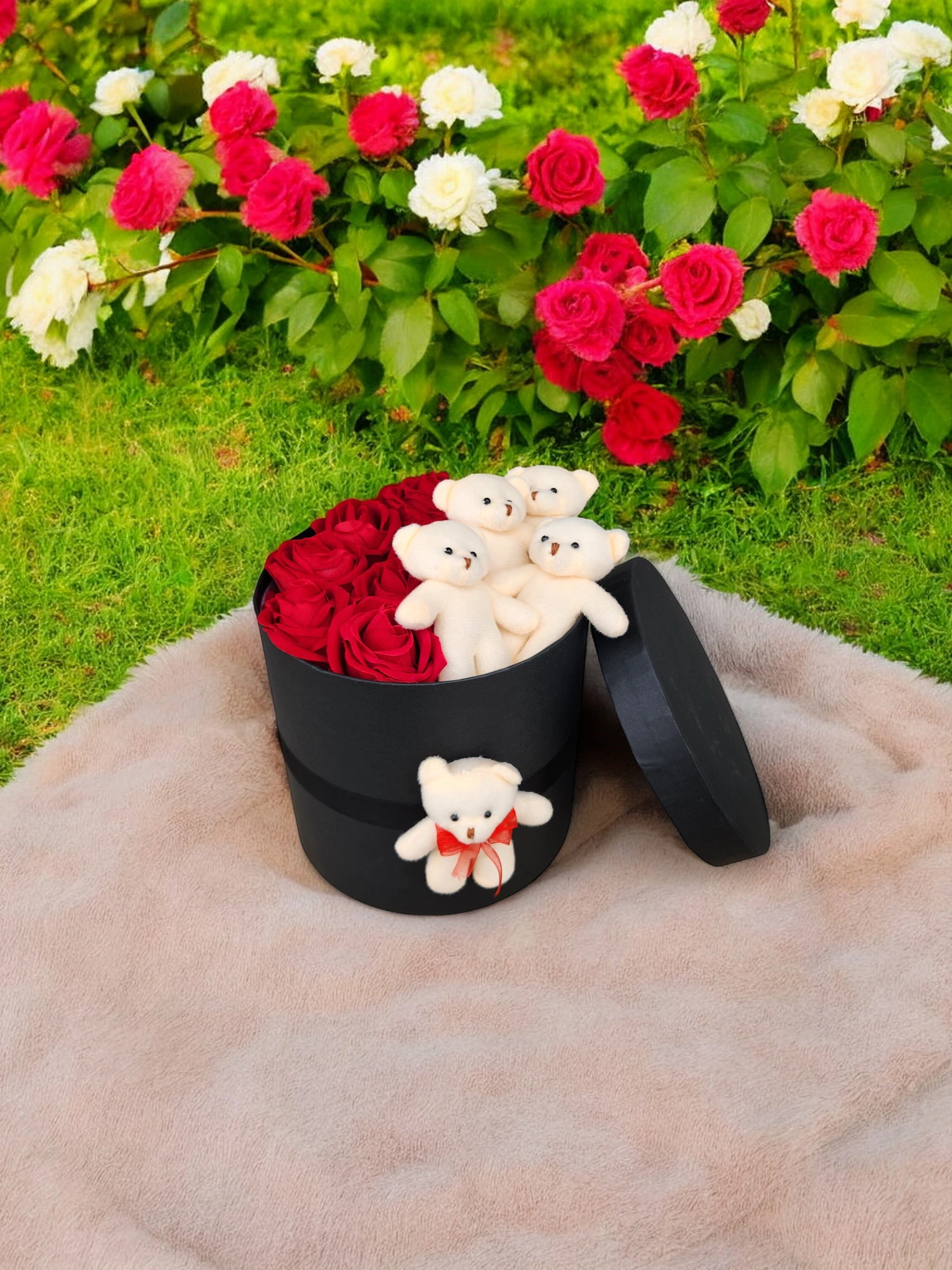 Sevgililer Günü Hediyesi Doğum Günü Büyük Kutuda Yapay Kadife Kırmızı Gül Tatlı Ayıcık