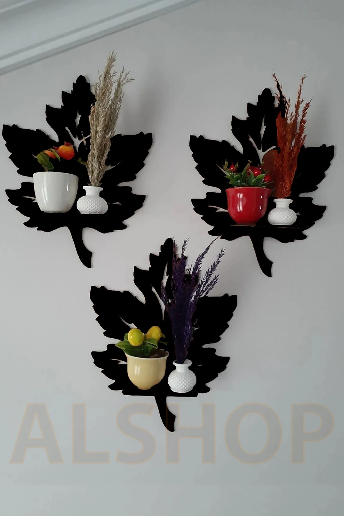 3'lü Siyah Duvar Süsü Rafı Yaprak Mumluk Duvar Dekoru Aplik Tablo Obje
