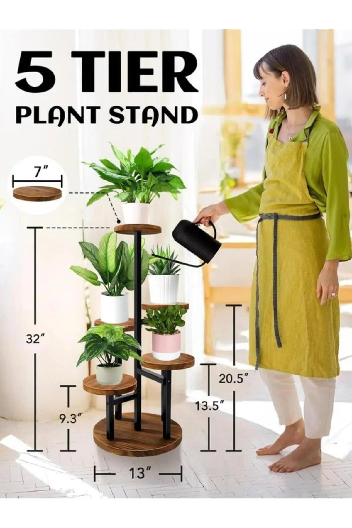 5 Raflı Saksılık Dekoratif Çiçeklik Metal Doğal Ahşap Çiçek Rafı 80 cm