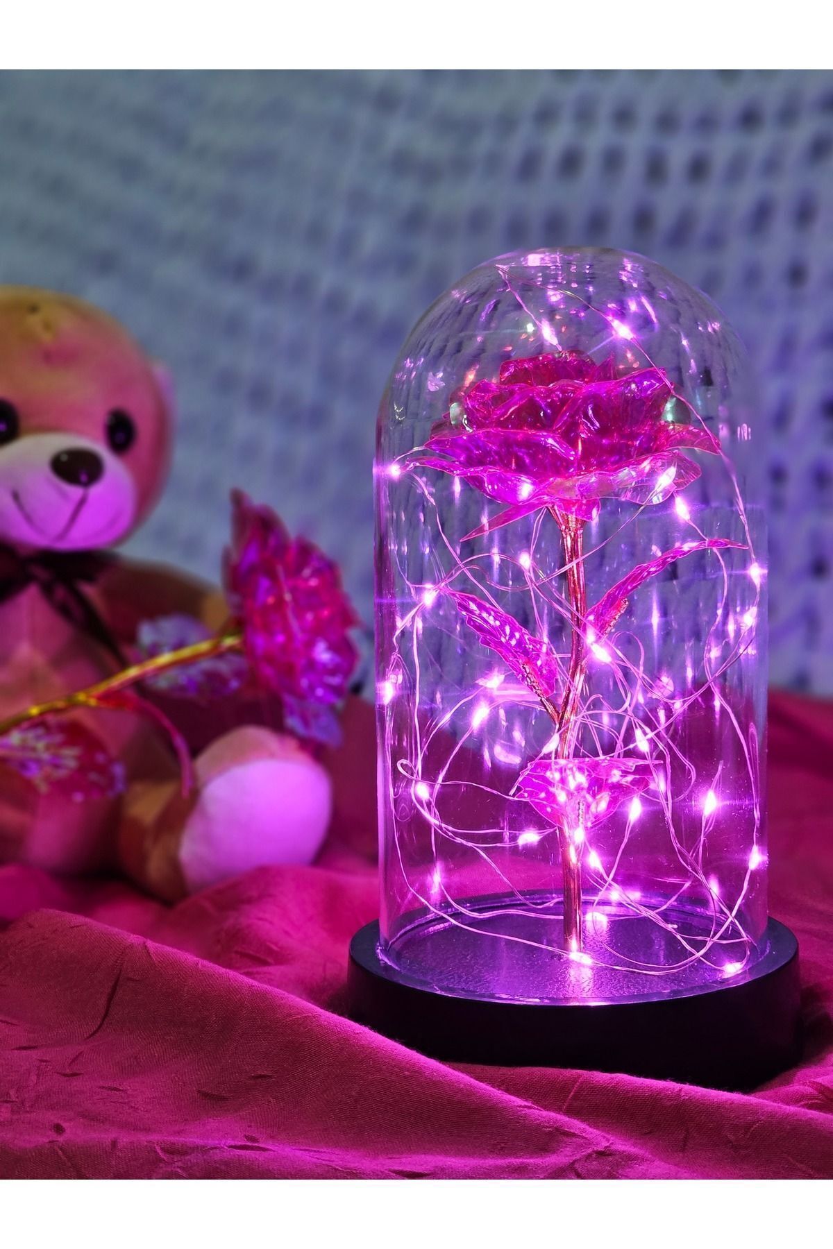 Dekoratif Pembe Peri Led Işıklı Solmayan Sonsuzluk Gülü Fanuslu Gece Lambası