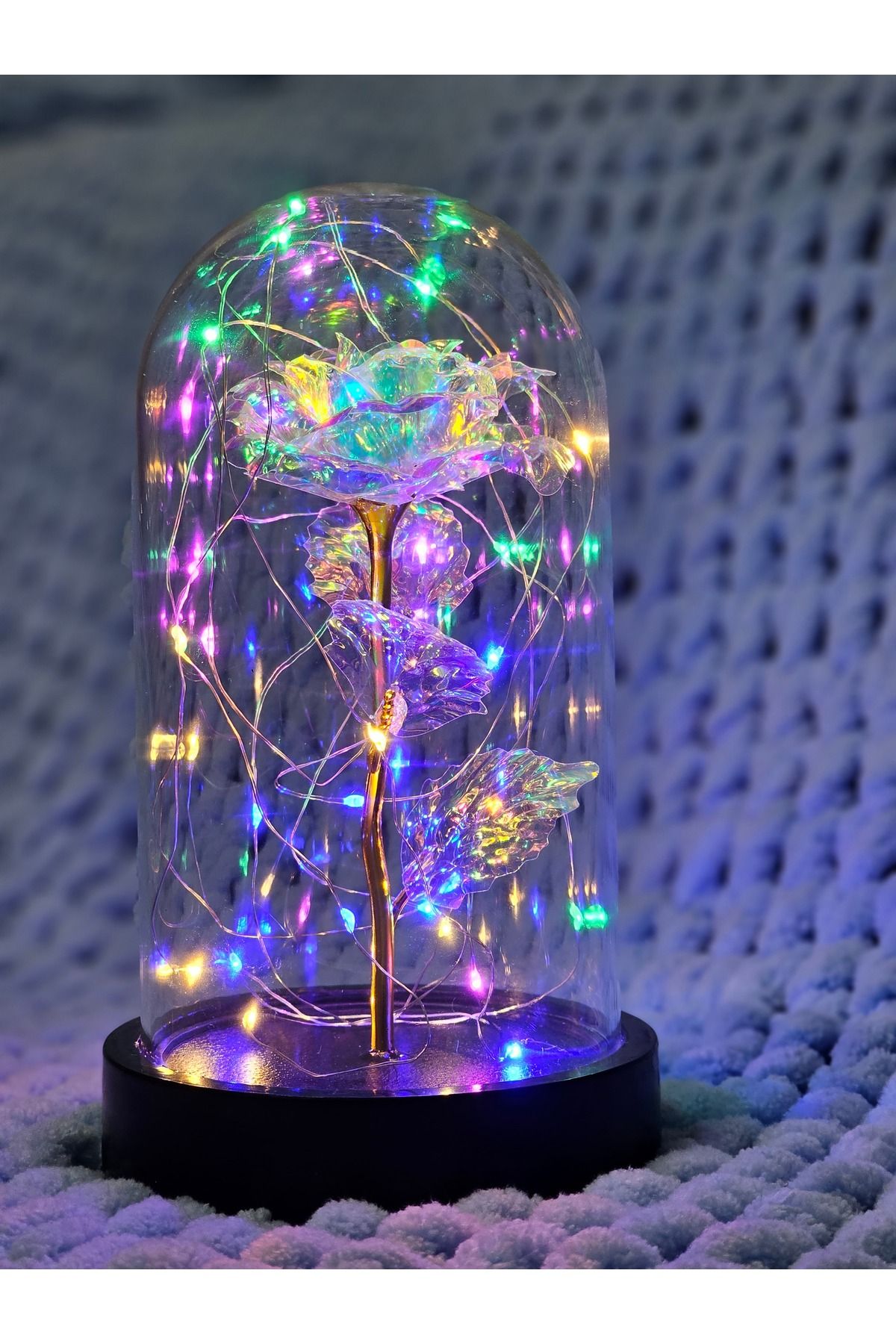 Sevgililer Günü Dekoratif Rengarenk Peri Led Işıklı Solmayan Sonsuzluk Gülü Fanuslu Gece Lambası