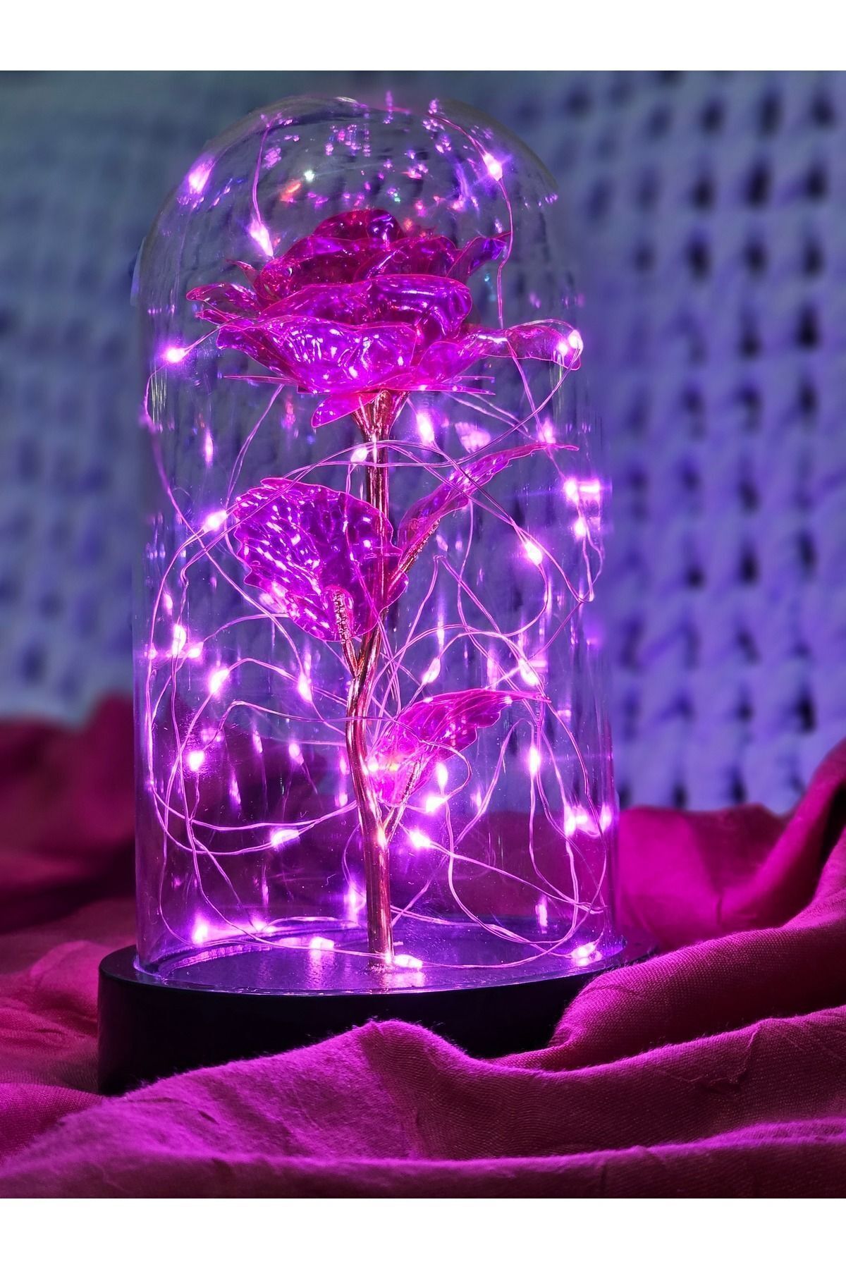 Dekoratif Pembe Peri Led Işıklı Solmayan Sonsuzluk Gülü Fanuslu Gece Lambası