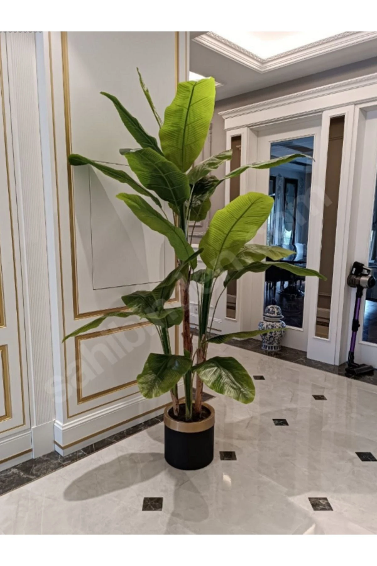 240 Cm Yapay Muz Ağacı Metal Gold Kemer Siyah Saksılı Yapay Ağaç