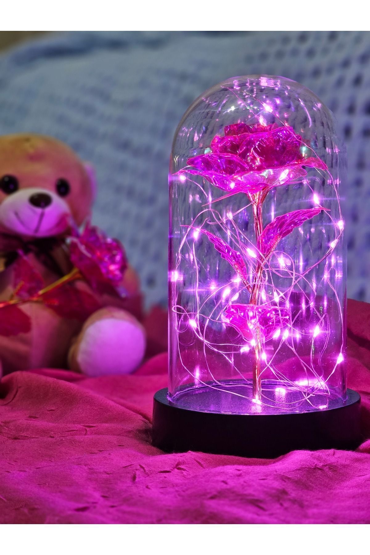 Dekoratif Pembe Peri Led Işıklı Solmayan Sonsuzluk Gülü Fanuslu Gece Lambası