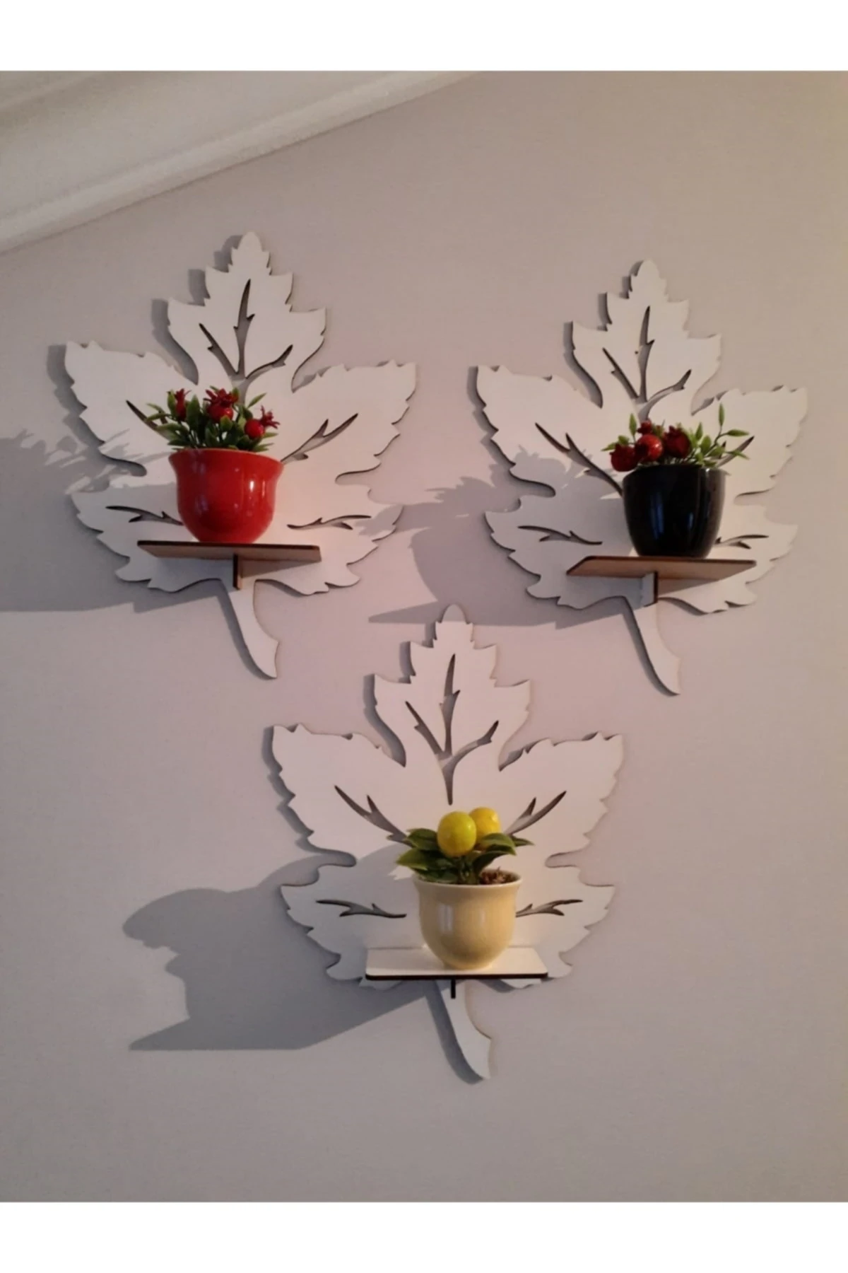 3'lü Beyaz Duvar Süsü Rafı Yaprak Mumluk Duvar Dekoru Aplik Tablo Obje