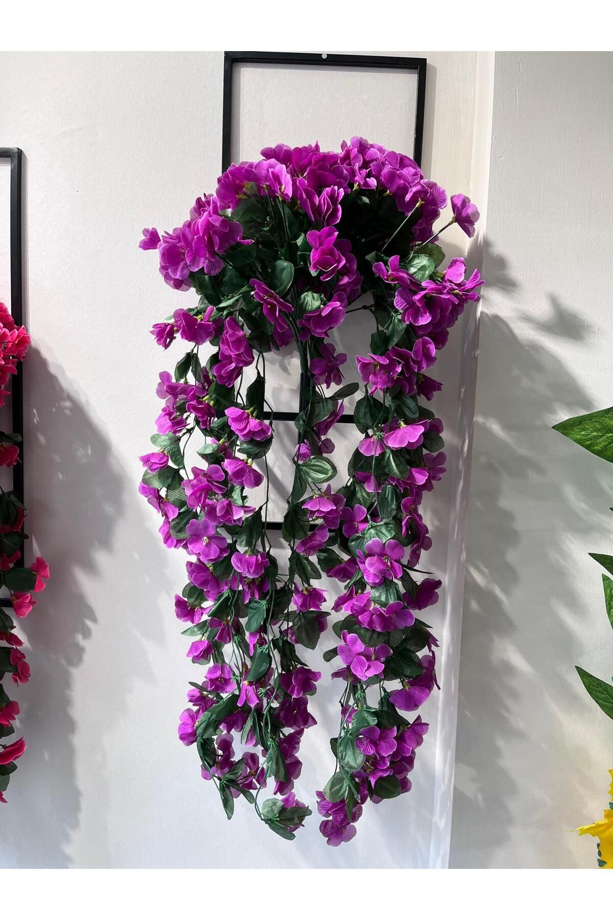 Metal Saksı Dahil Yapay Çiçek Sarkan Mor Begonvil Sarmaşık