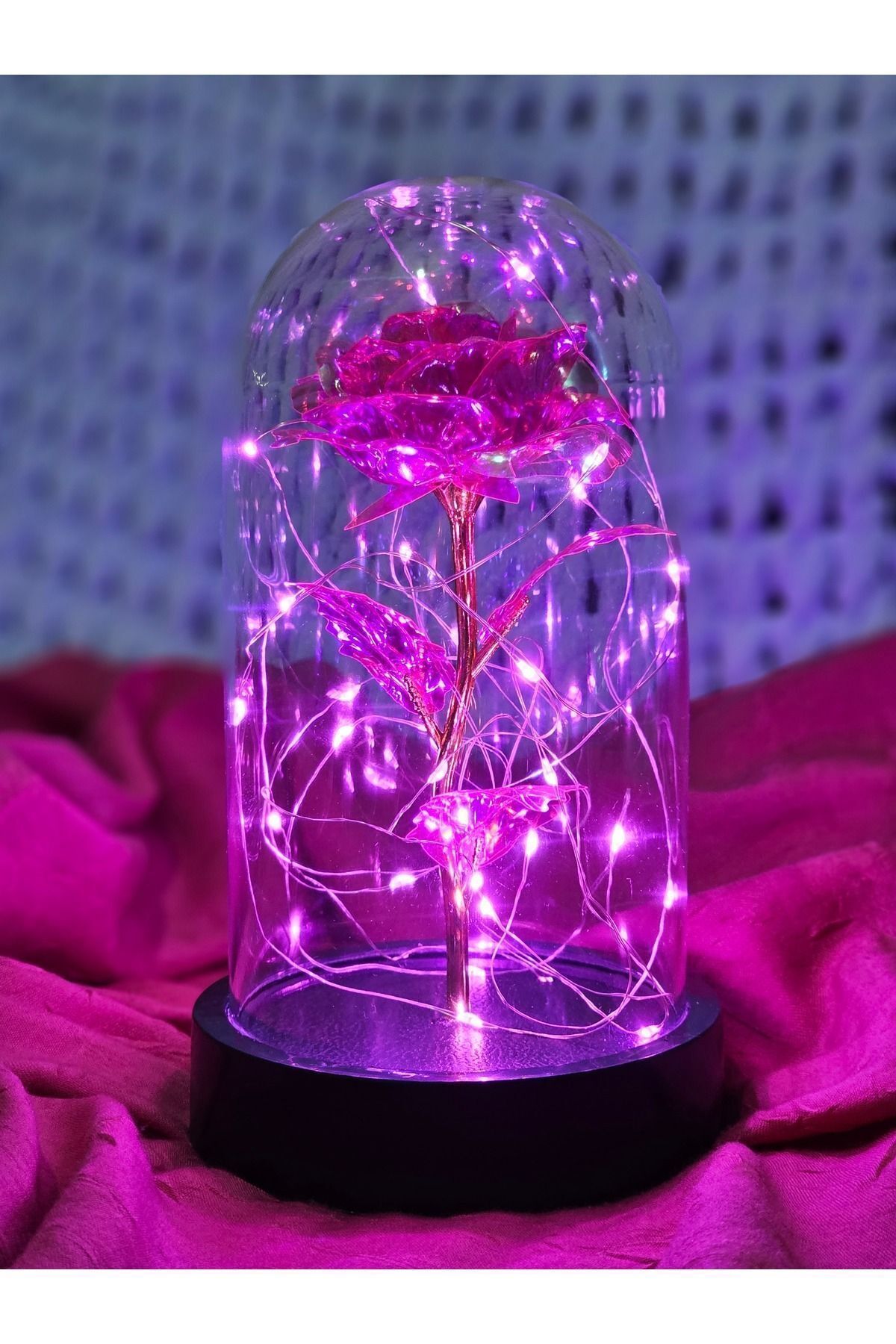 Dekoratif Pembe Peri Led Işıklı Solmayan Sonsuzluk Gülü Fanuslu Gece Lambası