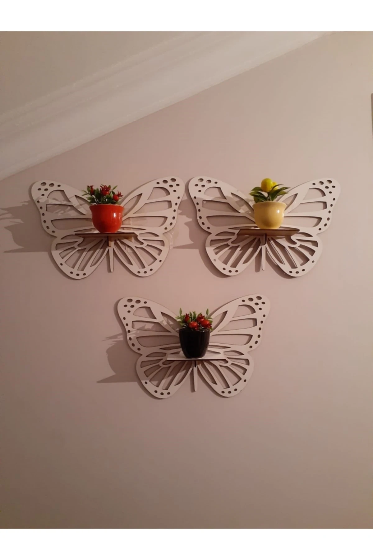 Dekoratif Kelebek Duvar Rafı 3'lü Set Beyaz