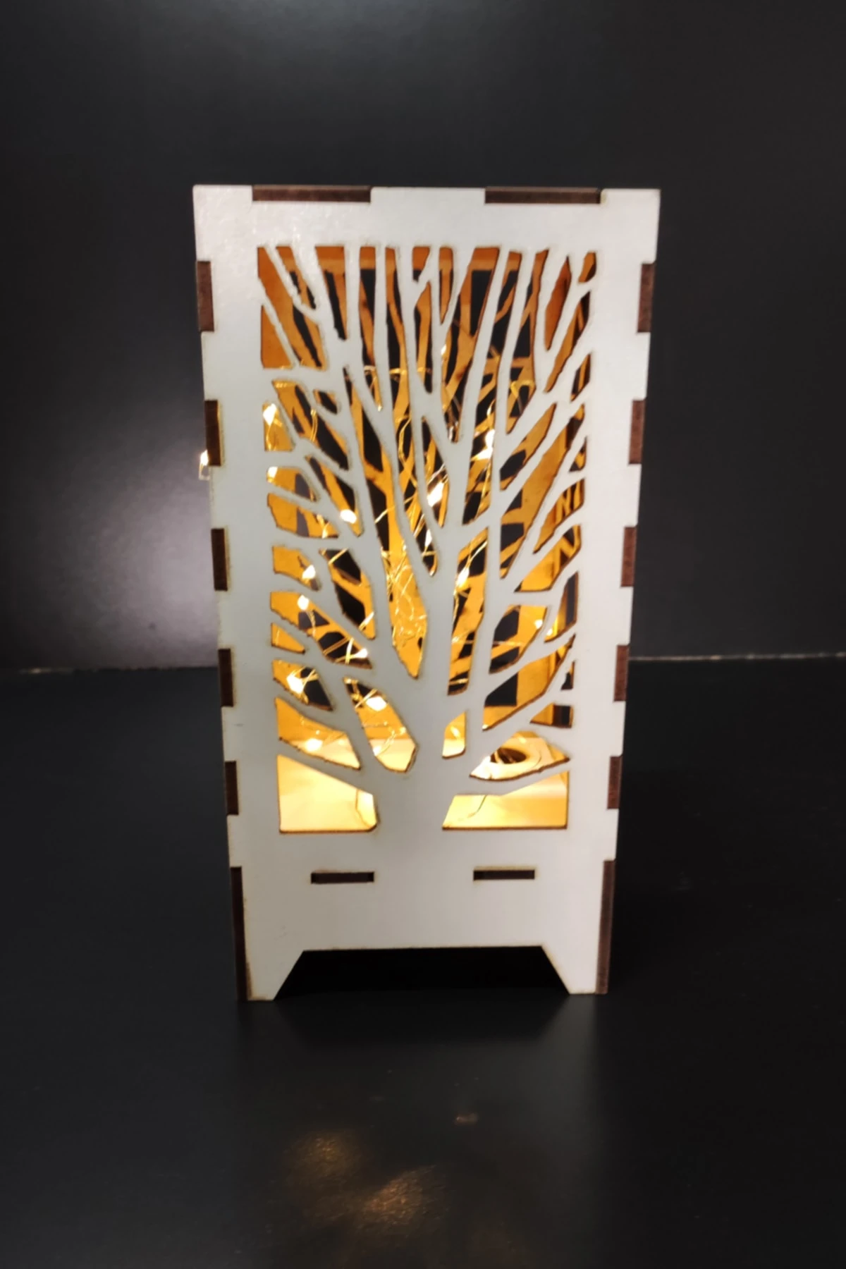 Lazer Kesim Beyaz Masa Lambası Dekoratif Mini Ahşap Abajur Pilli Peri Led 20x10