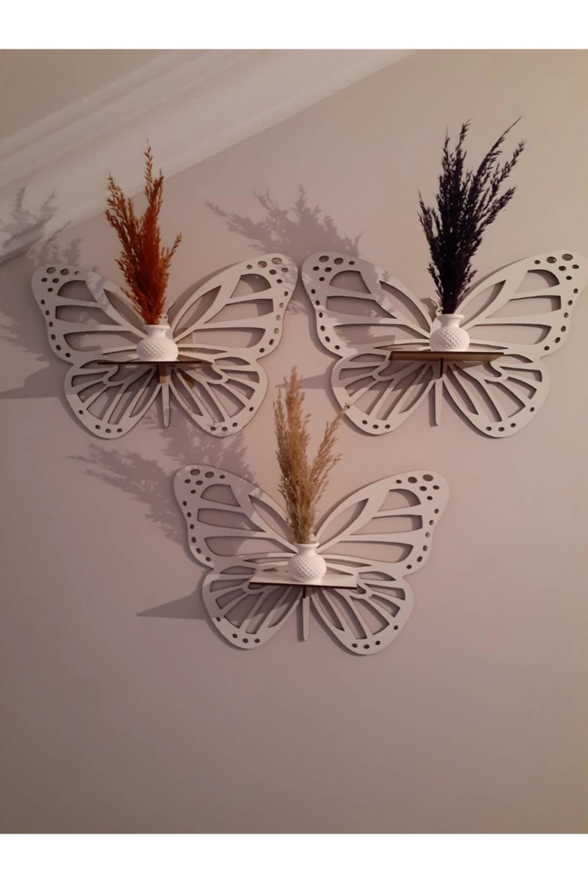 Dekoratif Kelebek Duvar Rafı 3'lü Set Beyaz