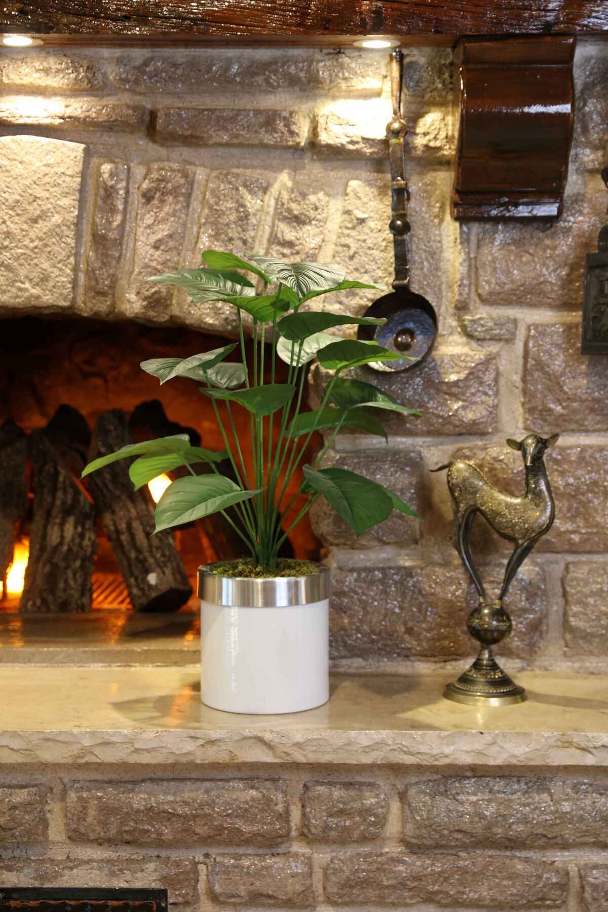 Beyaz Metal Saksılı Yapay Çiçek Büyük Boy Salon Çiçeği 80 Cm