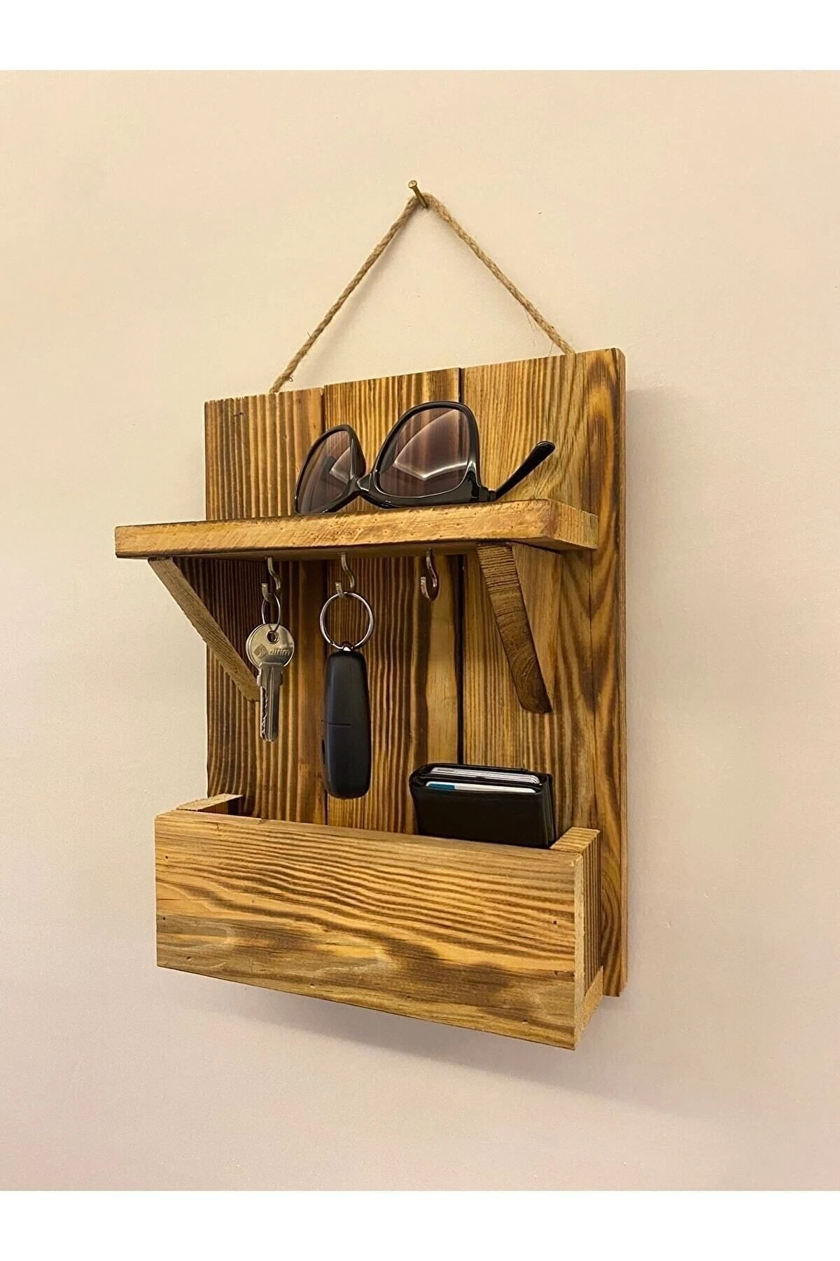 Dekoratif Ahşap El Yapımı Antre Hol Anahtar Askısı . Kapı Önü Anahtarlık Çok Amaçlı Raflı Askılık