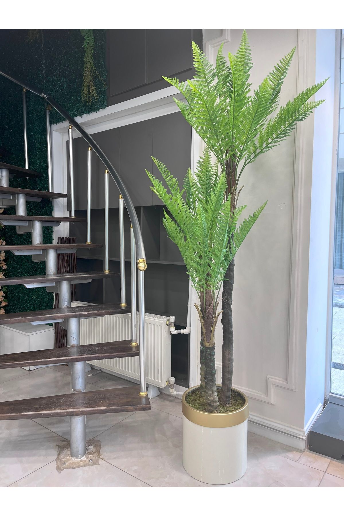 200 cm Yapay 3 Gövdeli Eğreltiotu Ağacı Gold Kemer Beyaz Saksıda Ağaç