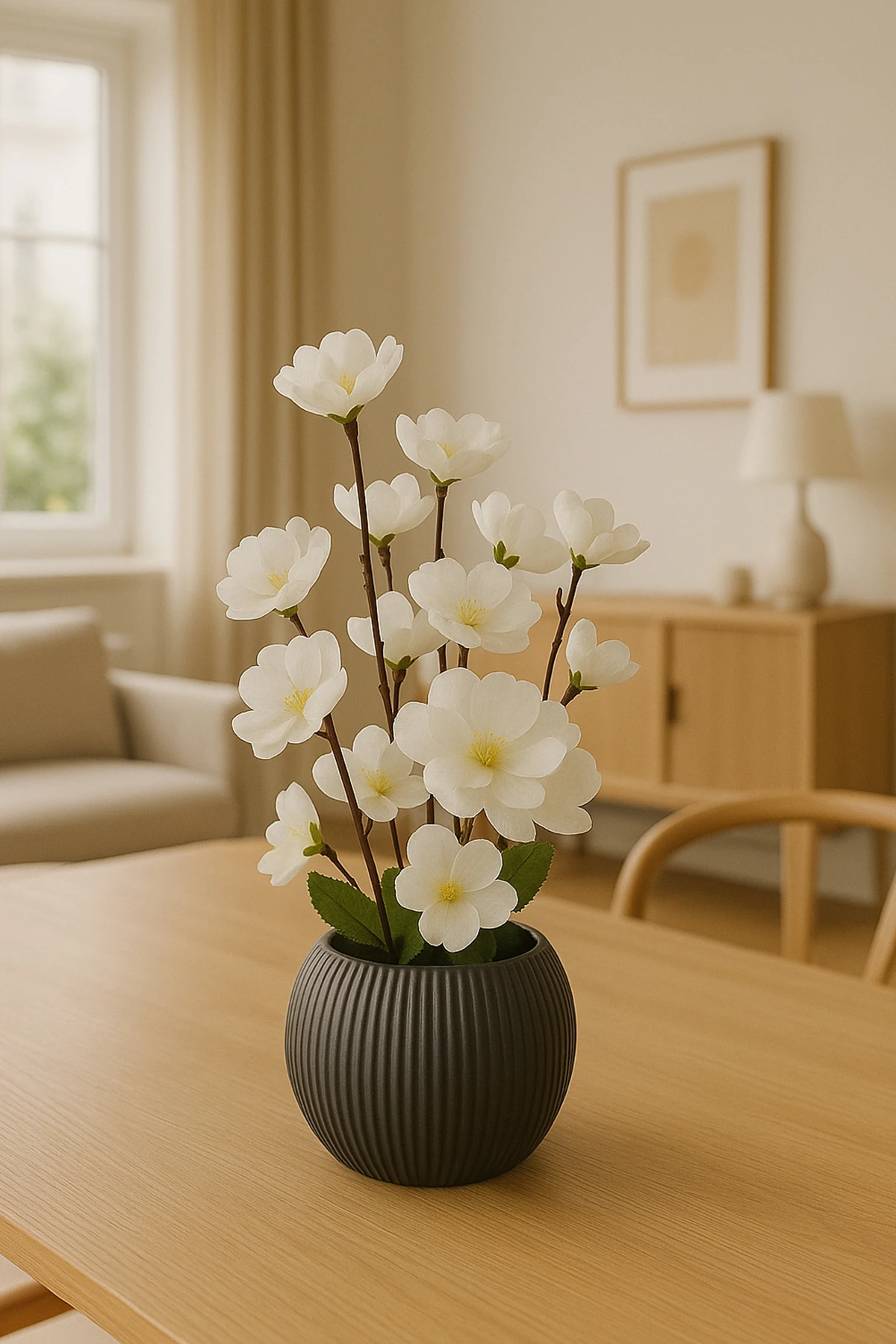 6 Dallı Yapay Japon Kiraz Çiçeği Saksıda Çiçek Süsleme Ev Ofis Süsü