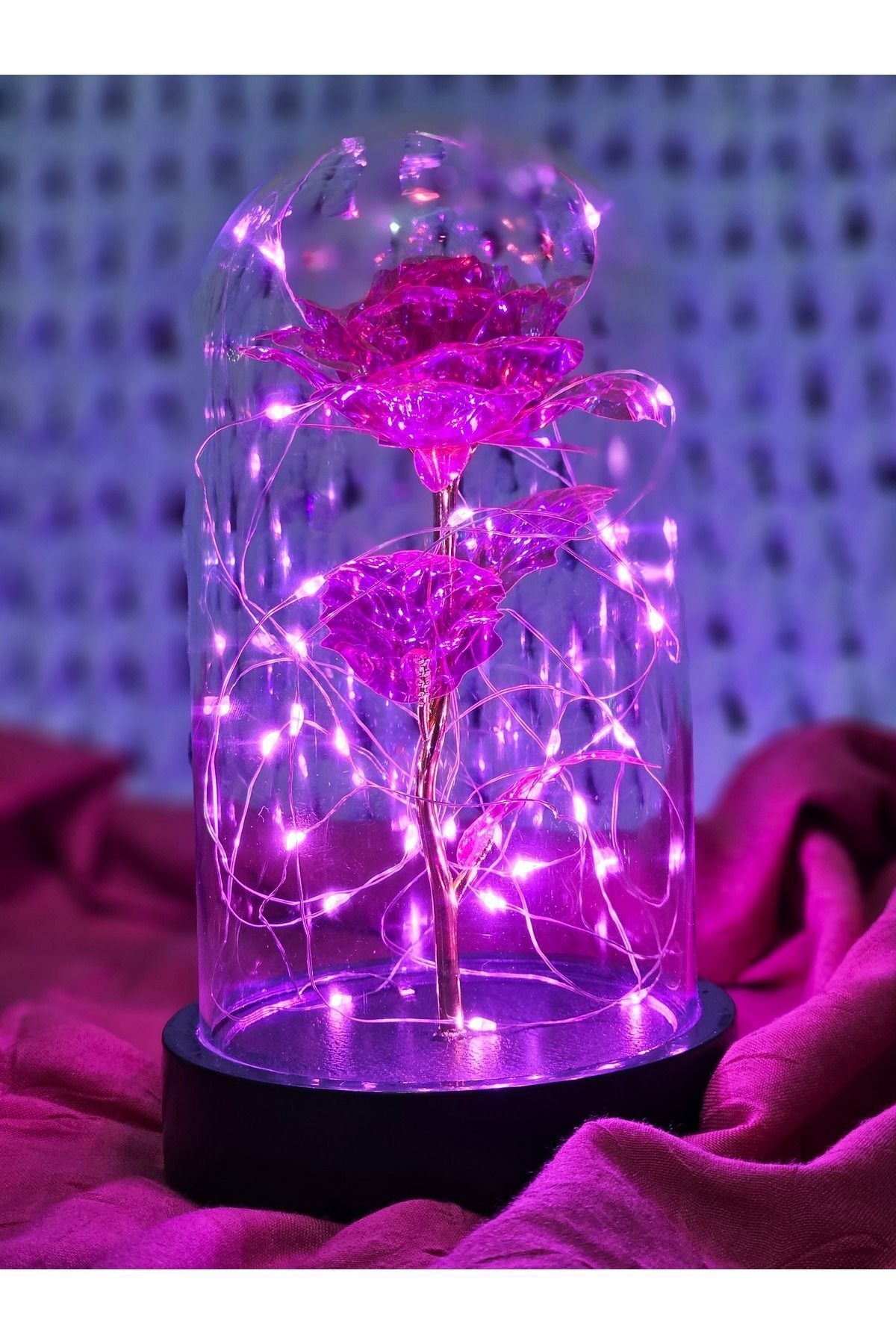 Dekoratif Pembe Peri Led Işıklı Solmayan Sonsuzluk Gülü Fanuslu Gece Lambası