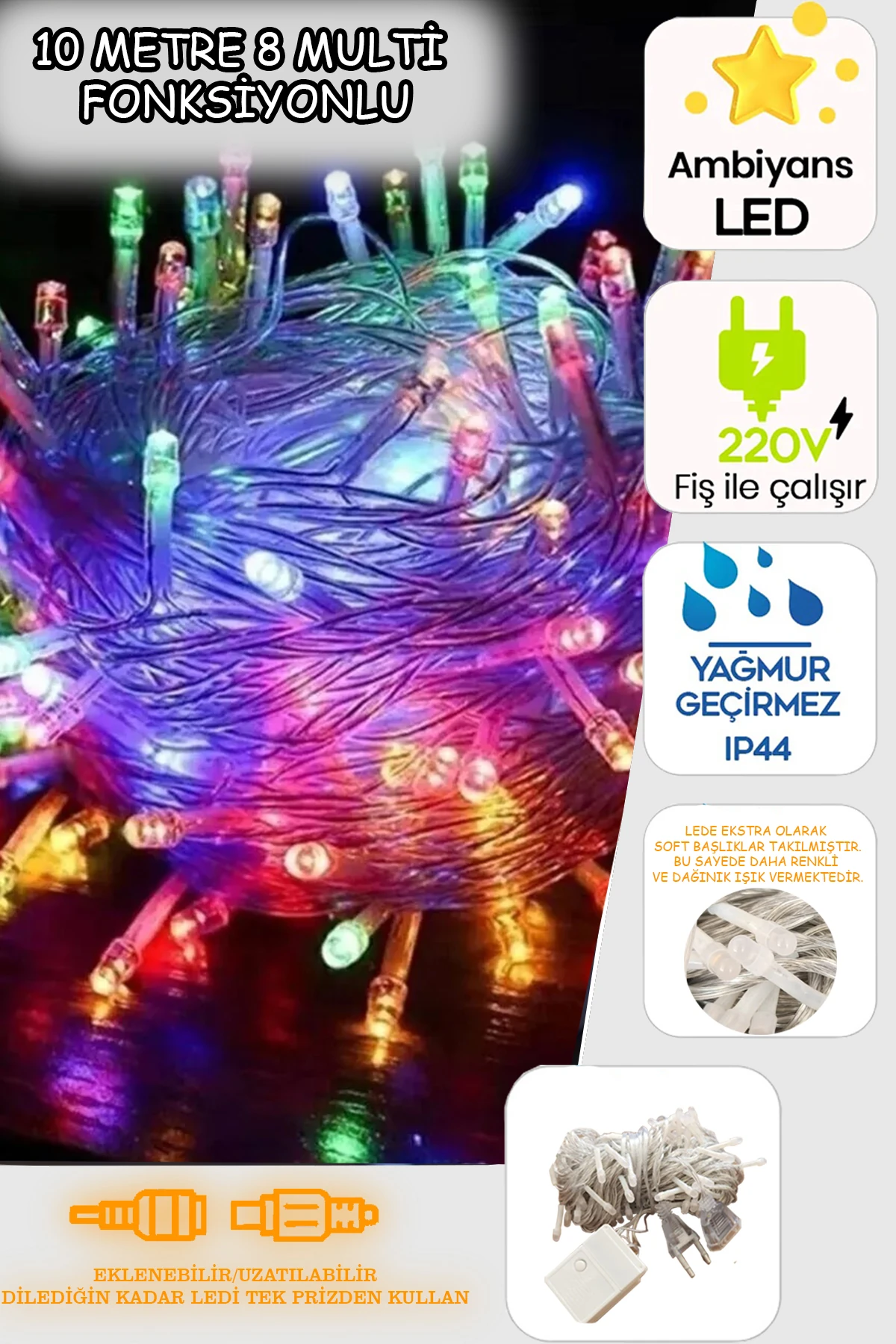 Soft Pirinç Led 8 Fonksiyonlu Kablo Led Renkli 10 Metre 90 Ledli