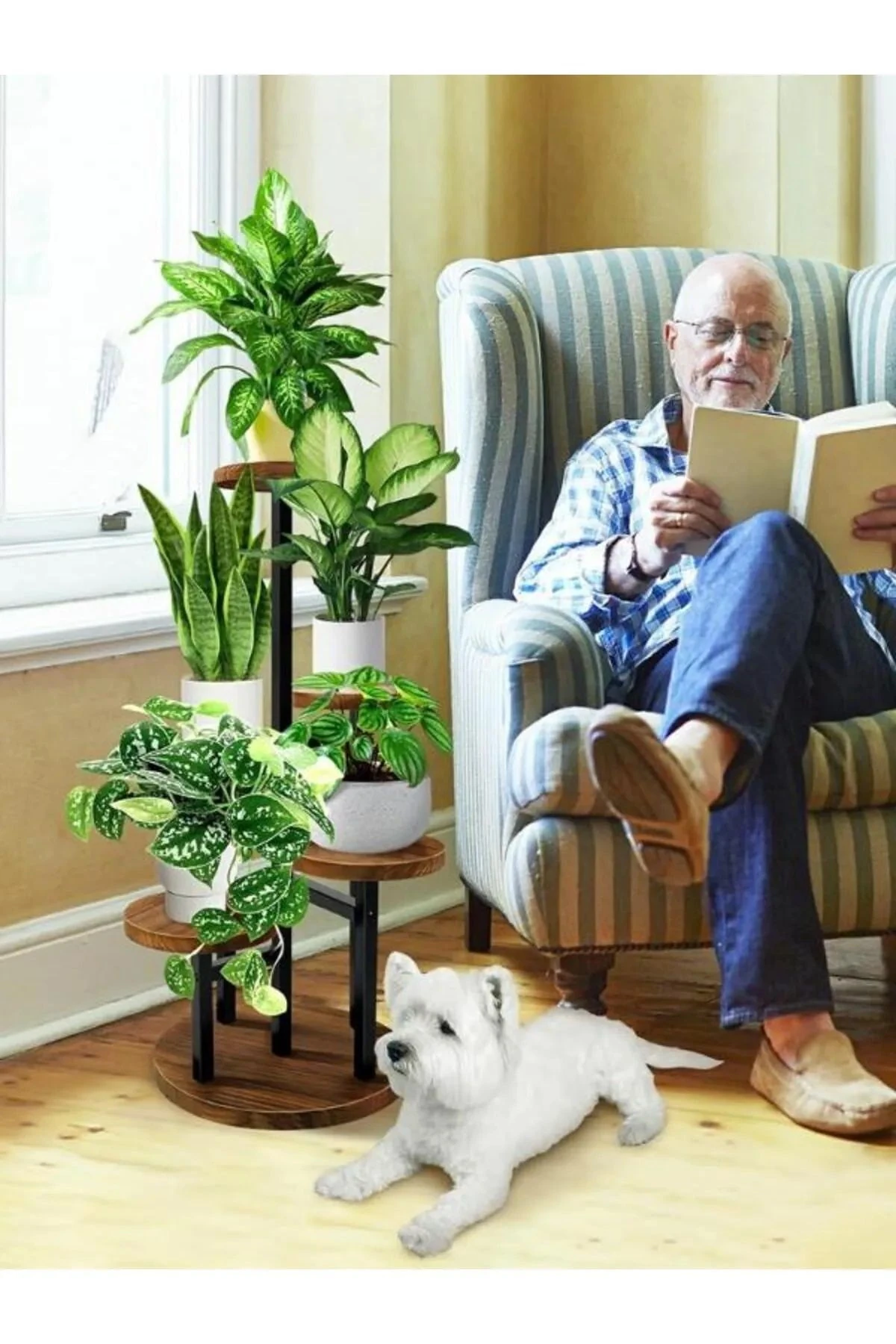 5 Raflı Saksılık Dekoratif Çiçeklik Metal Doğal Ahşap Çiçek Rafı 80 cm