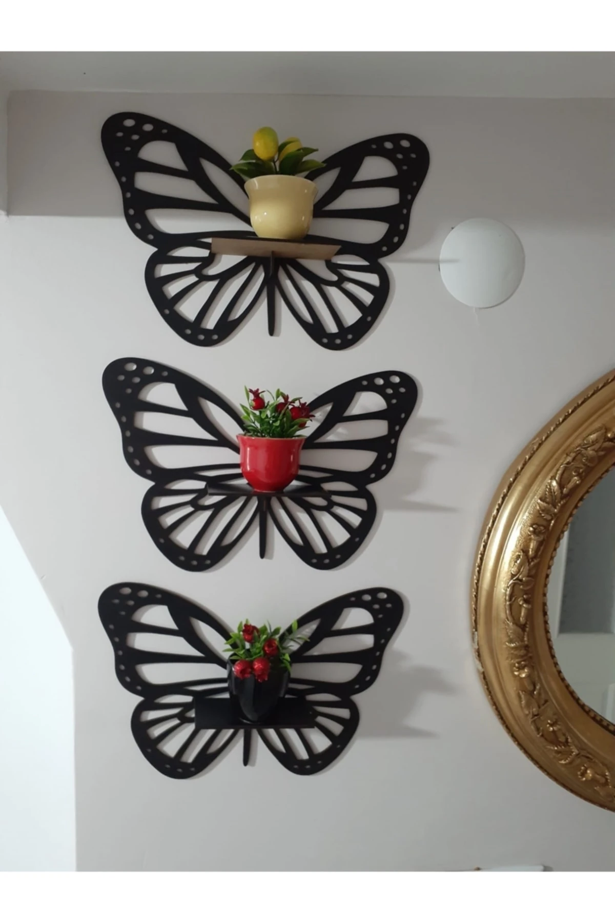 Dekoratif Kelebek Duvar Rafı 3'lü Set Siyah