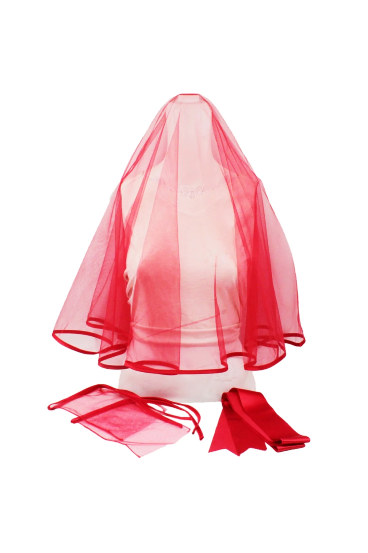 Biyeli Kına Duvağı Gelin Örtüsü Seti Kırmızı Sade Duvak